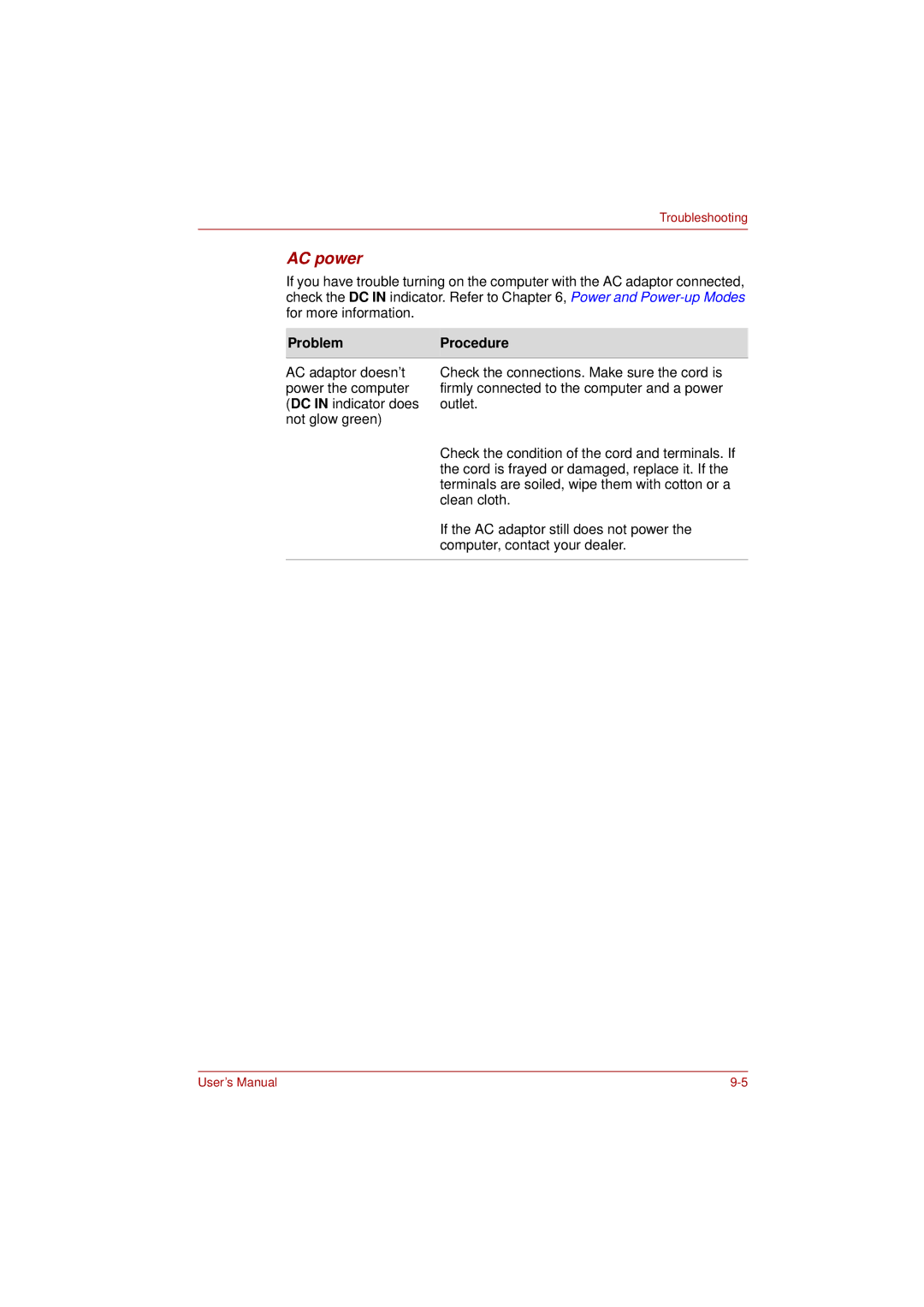 Toshiba L350 user manual AC power, ProblemProcedure 