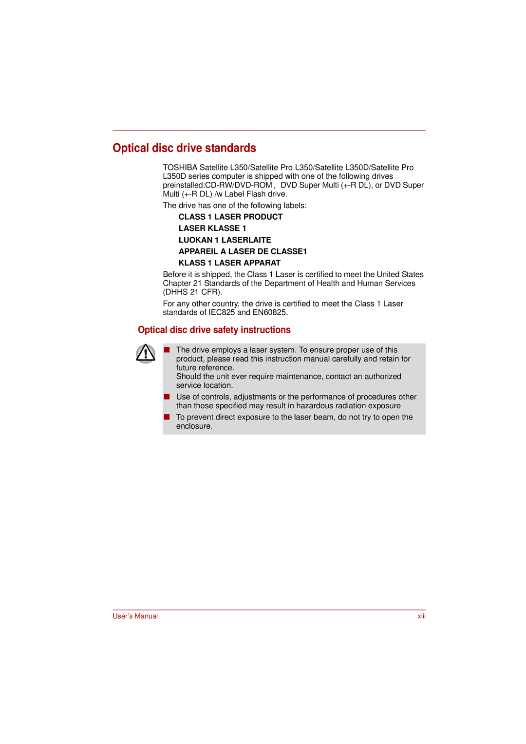 Toshiba L350 user manual Optical disc drive standards, Optical disc drive safety instructions 