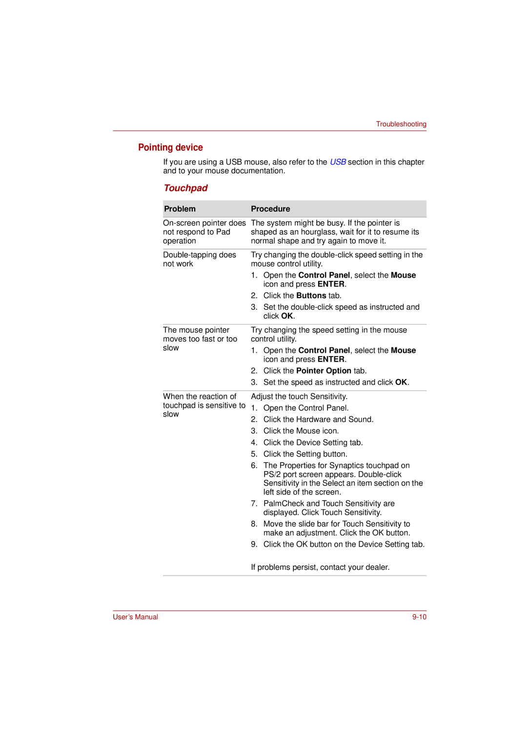 Toshiba L350 user manual Touchpad, Click the Pointer Option tab 