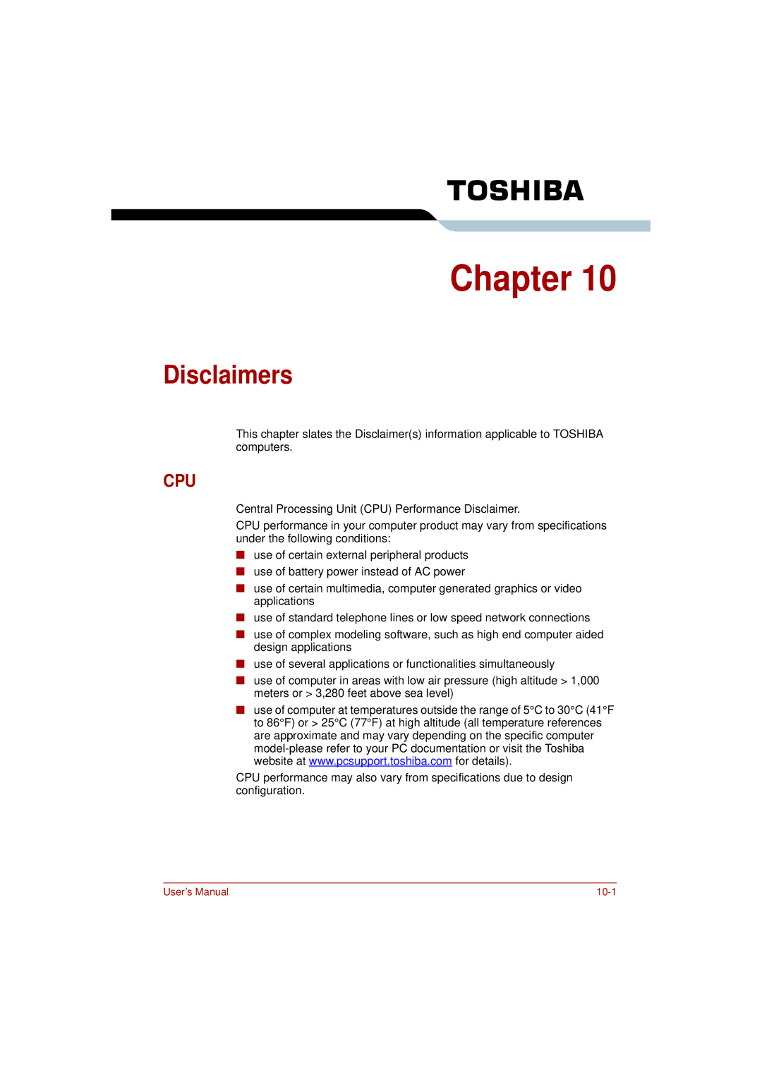 Toshiba L350 user manual Disclaimers, Cpu 