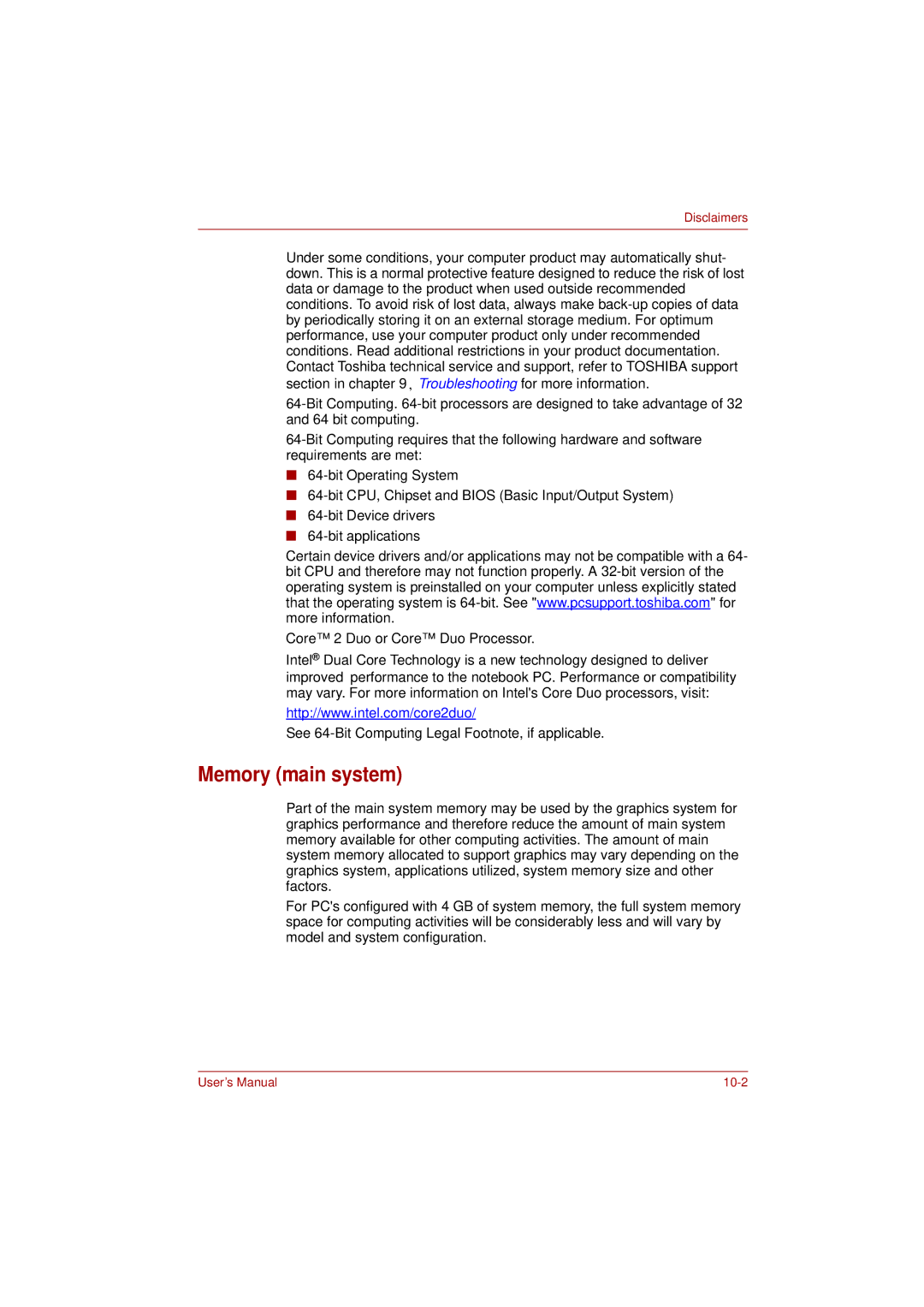 Toshiba L350 user manual Memory main system, Disclaimers 