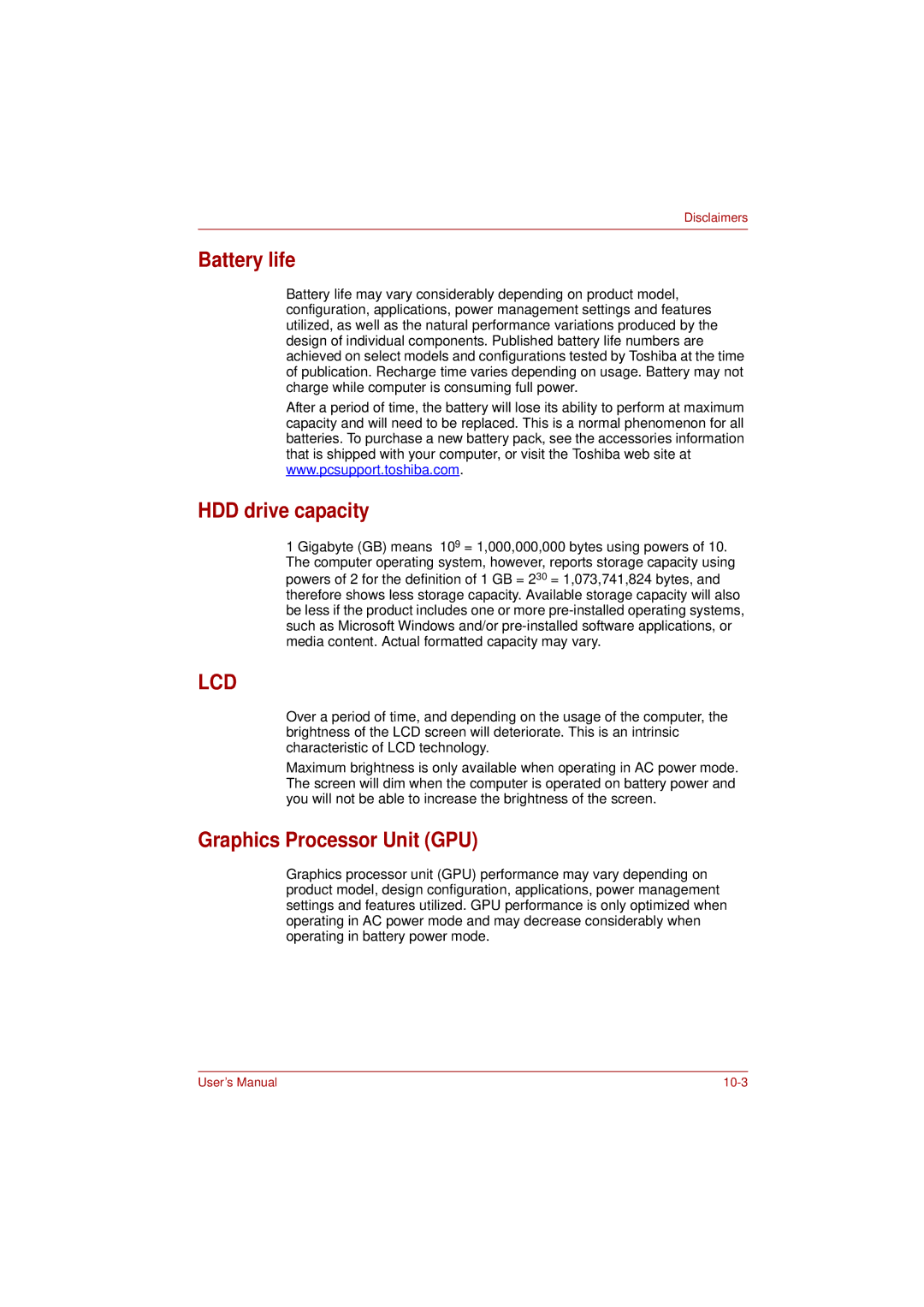 Toshiba L350 user manual Battery life, HDD drive capacity, Graphics Processor Unit GPU 