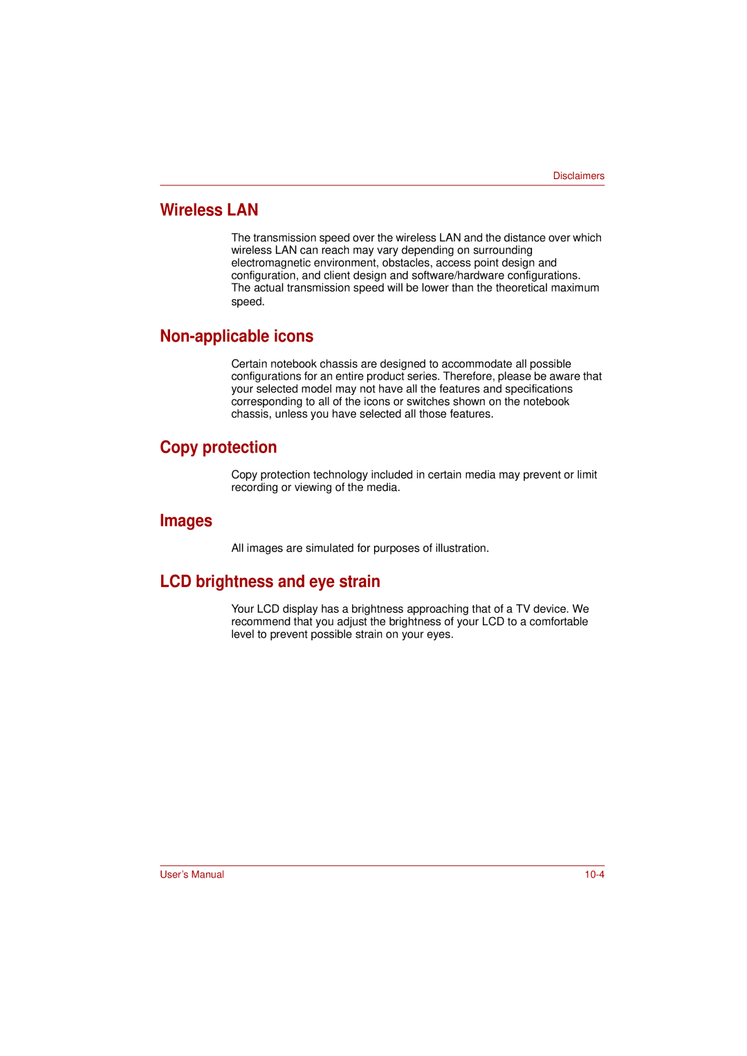 Toshiba L350 user manual Wireless LAN, Non-applicable icons, Copy protection, Images, LCD brightness and eye strain 