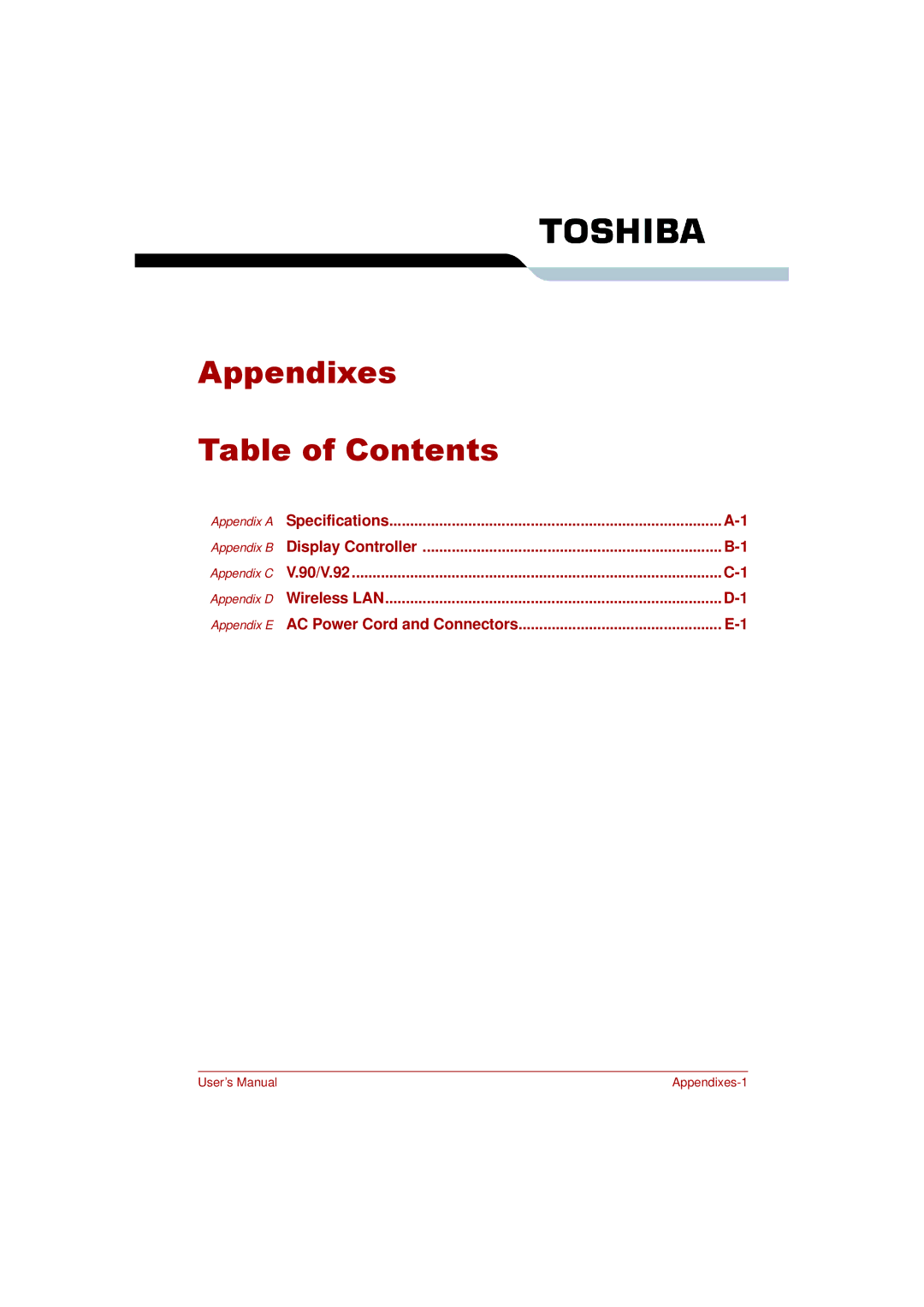 Toshiba L350 user manual Appendixes Table of Contents 