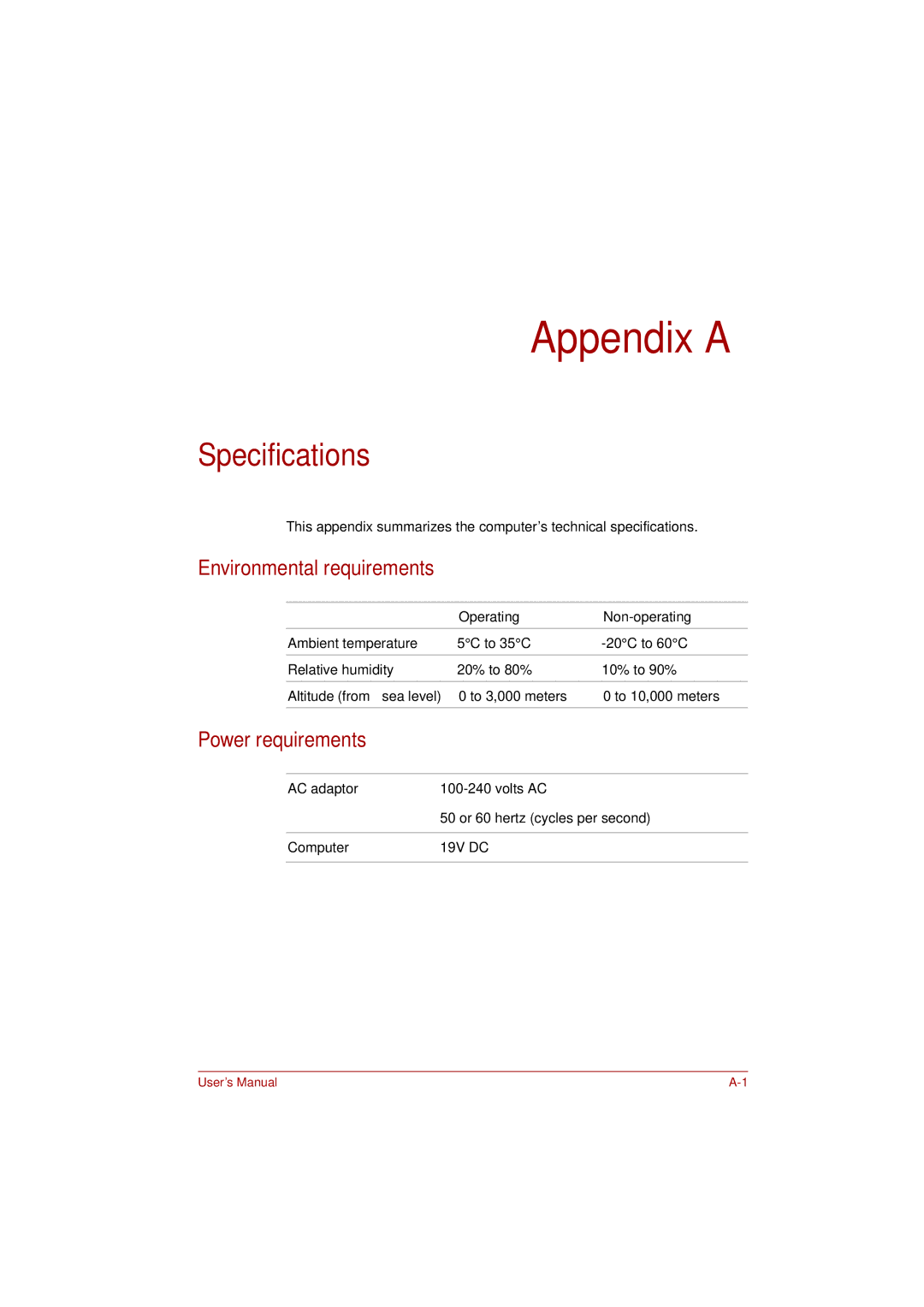 Toshiba L350 user manual Specifications, Environmental requirements, Power requirements 