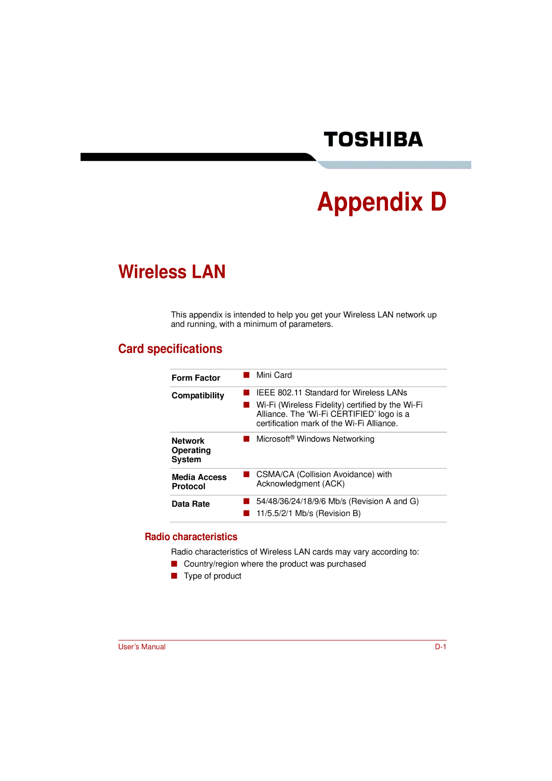 Toshiba L350 user manual Wireless LAN, Card specifications, Radio characteristics 