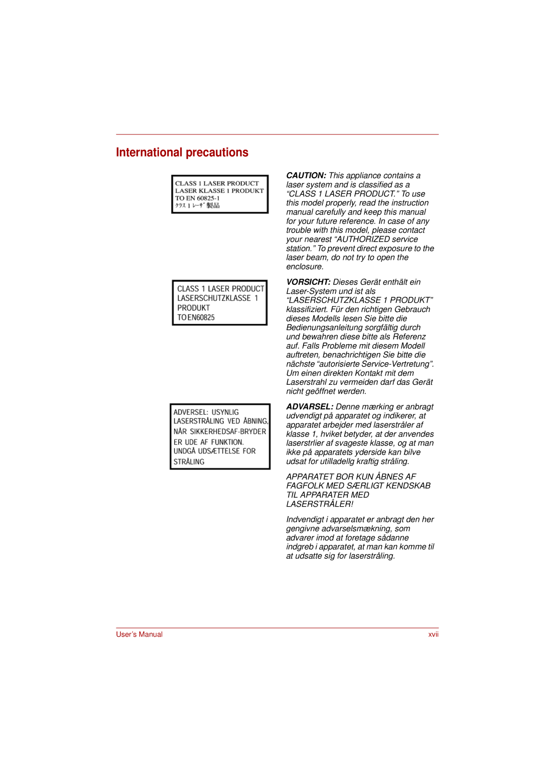 Toshiba L350 user manual International precautions, Vorsicht Dieses Gerät enthält ein Laser-System und ist als 