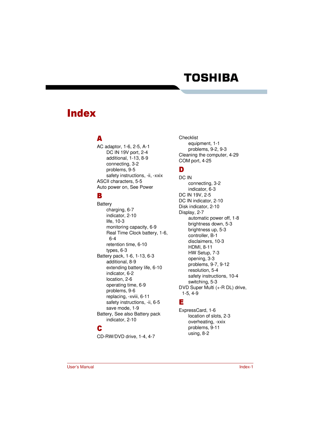 Toshiba L350 user manual Index 