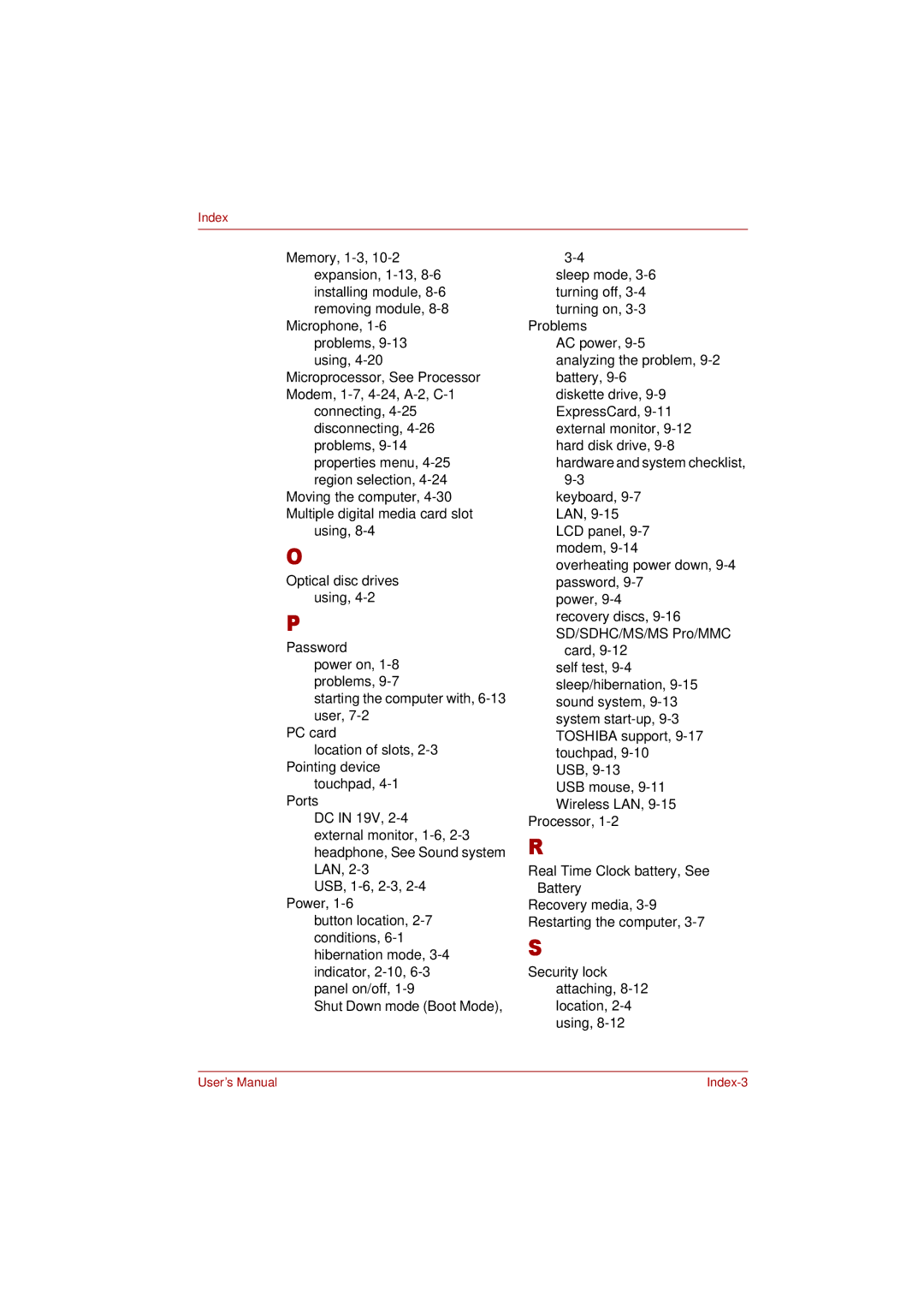 Toshiba L350 user manual User’s Manual Index-3 