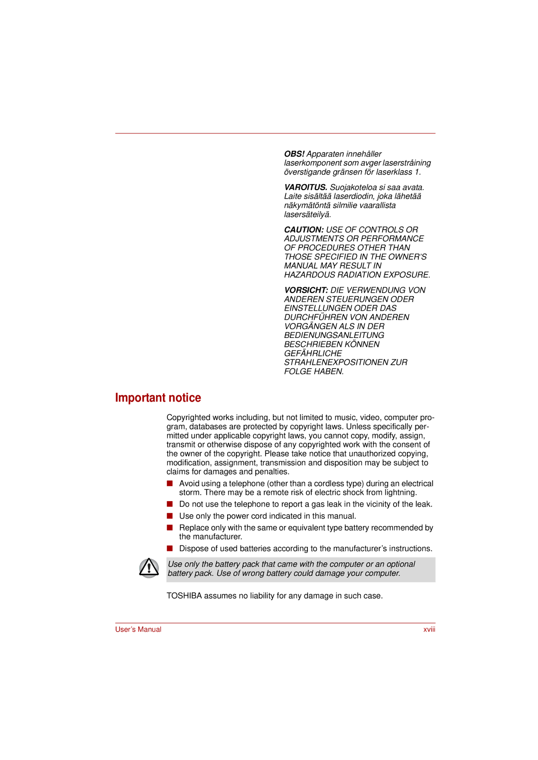 Toshiba L350 user manual Important notice 