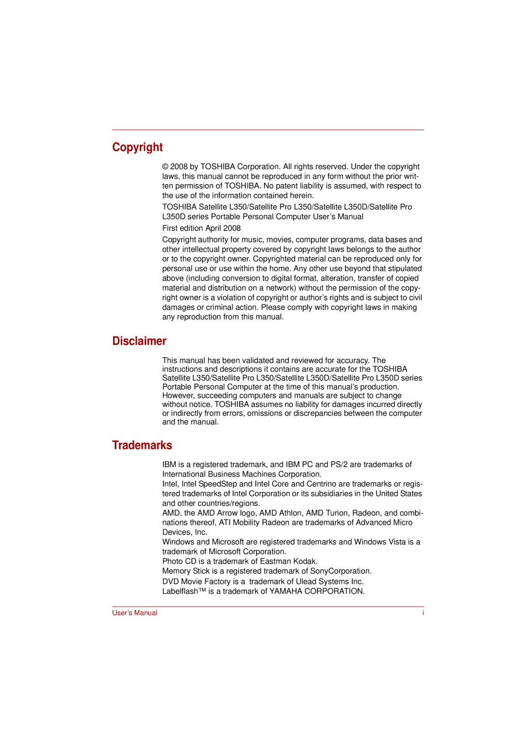 Toshiba L350 user manual Copyright, Disclaimer, Trademarks 