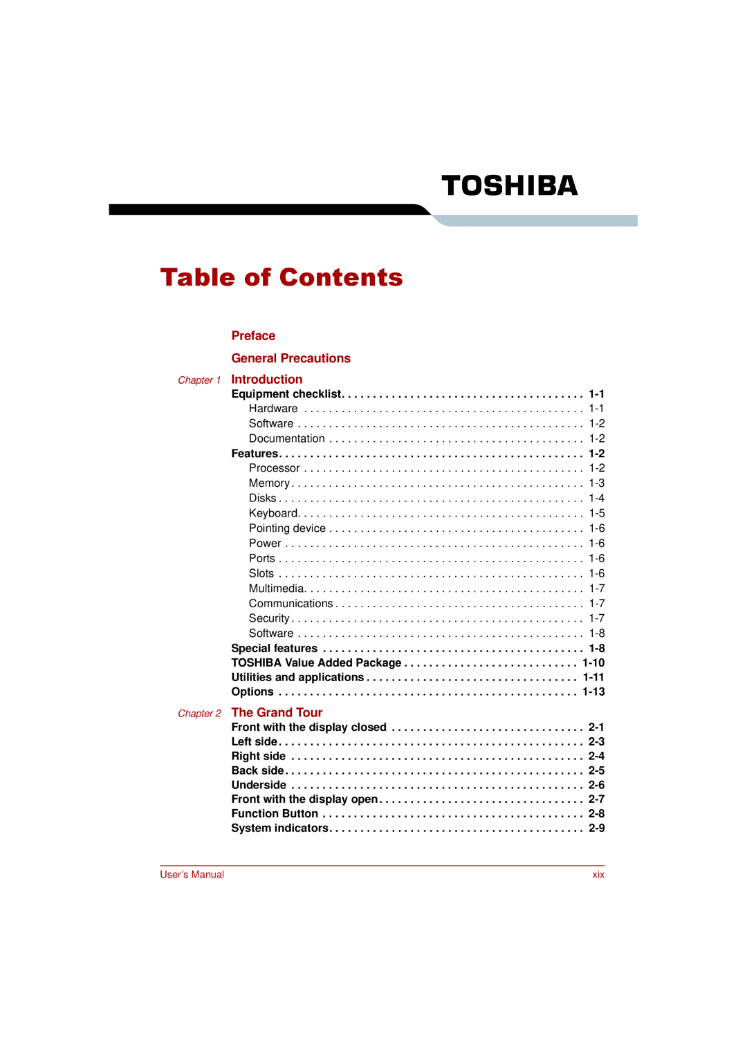 Toshiba L350 user manual Table of Contents 