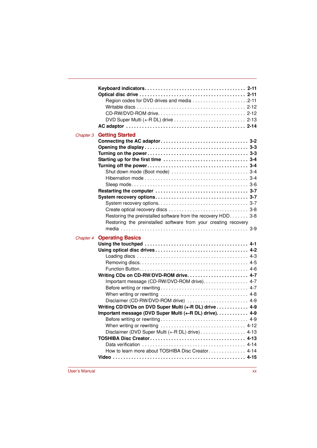 Toshiba L350 user manual Getting Started, Using the touchpad -1Using optical disc drives 