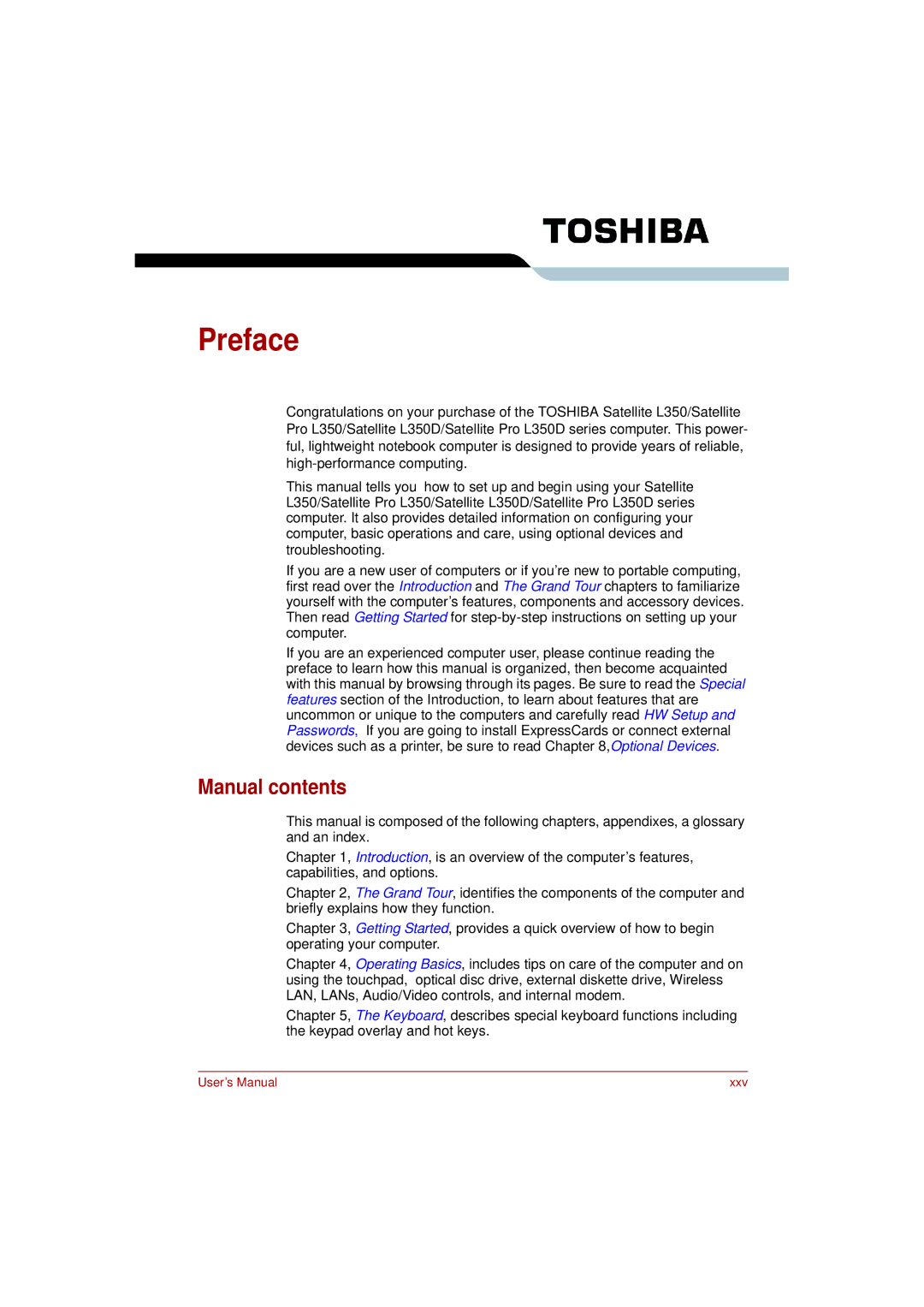 Toshiba L350 user manual Preface, Manual contents 