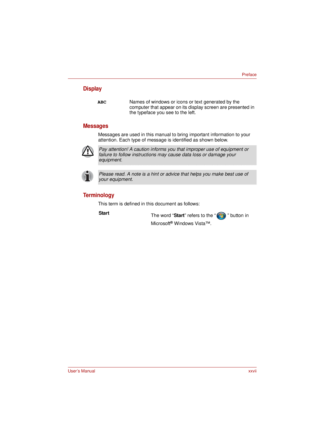 Toshiba L350 user manual Display, Messages, Terminology, Start 