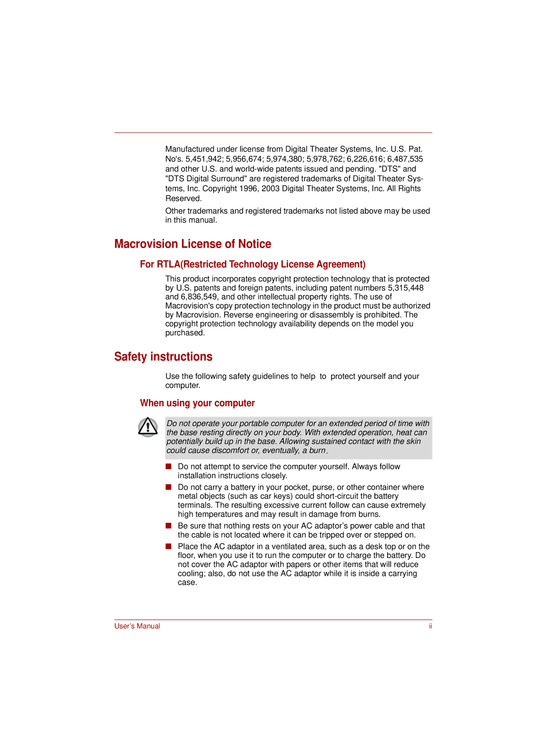 Toshiba L350 Macrovision License of Notice, Safety instructions, For RTLARestricted Technology License Agreement 