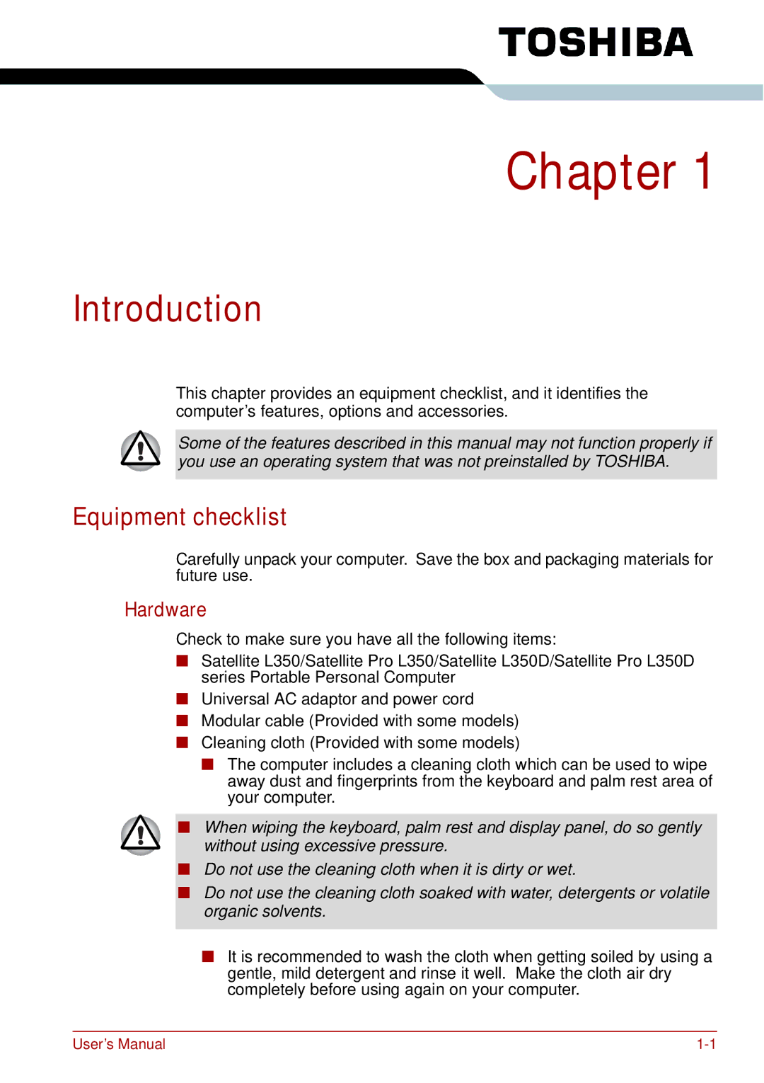 Toshiba L350 user manual Introduction, Equipment checklist, Hardware 