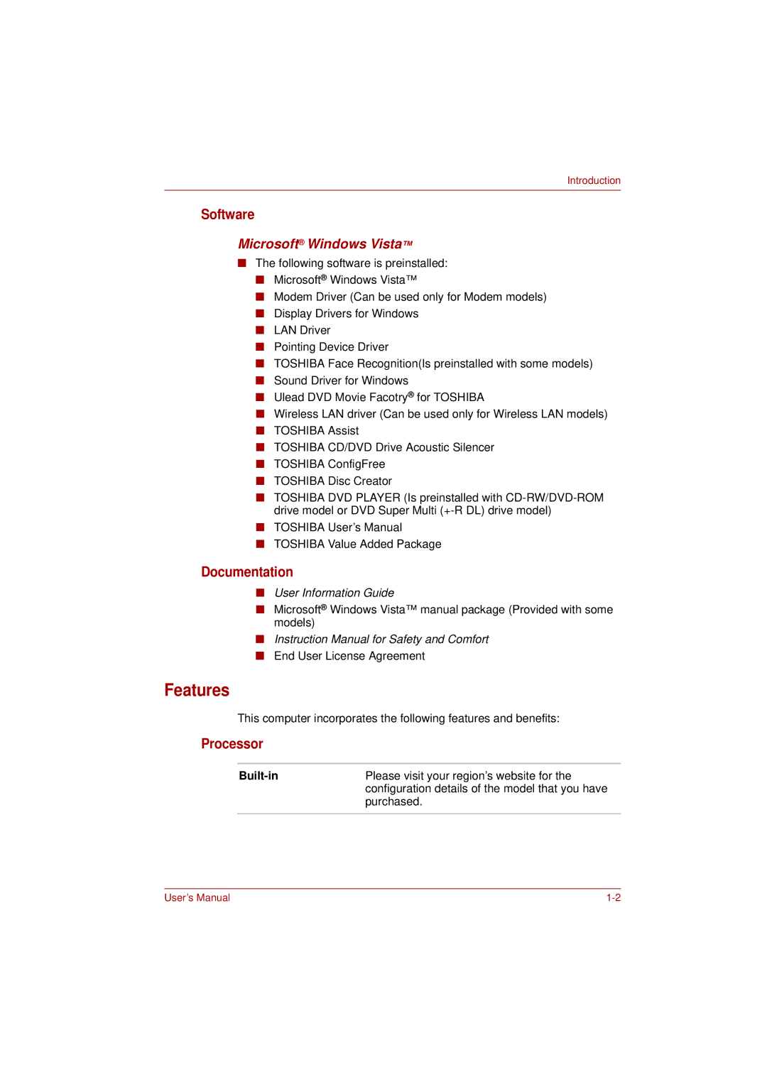 Toshiba L350 user manual Features, Software, Documentation, Processor, Microsoft Windows Vista 