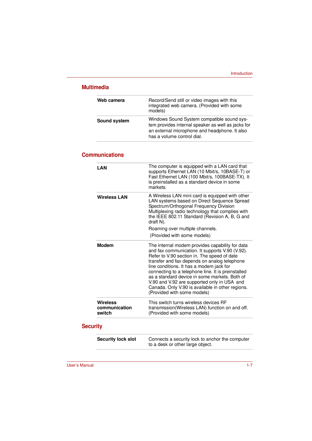 Toshiba L350 user manual Multimedia, Communications, Security 