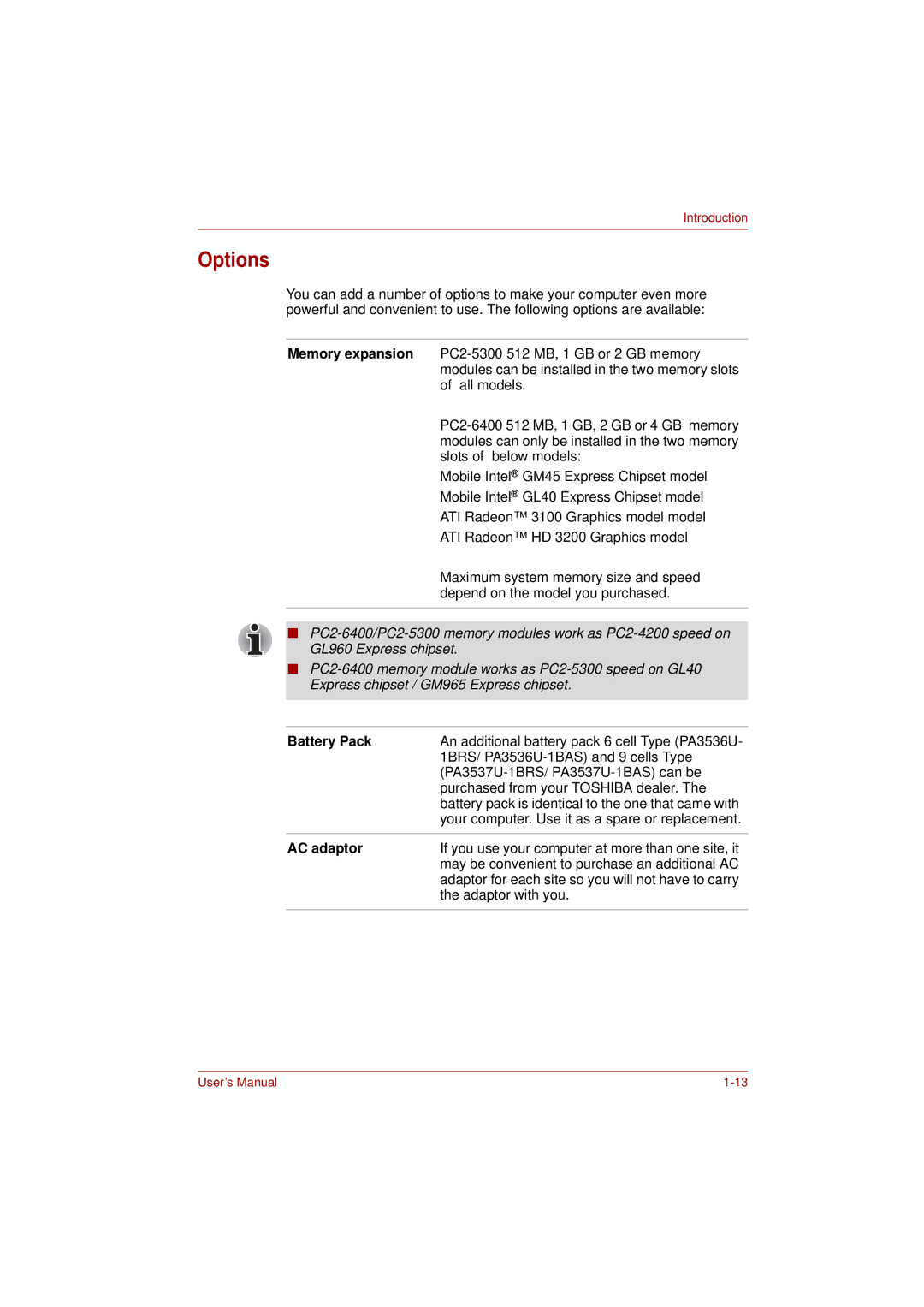 Toshiba L350 user manual Options, Purchased from your Toshiba dealer 