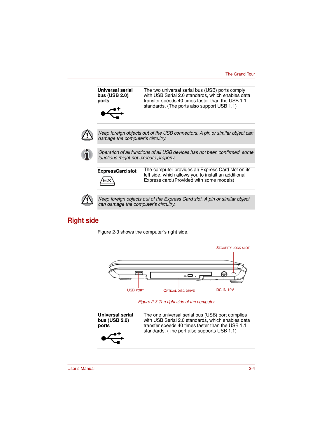 Toshiba L350 user manual Right side, Shows the computer’s right side 