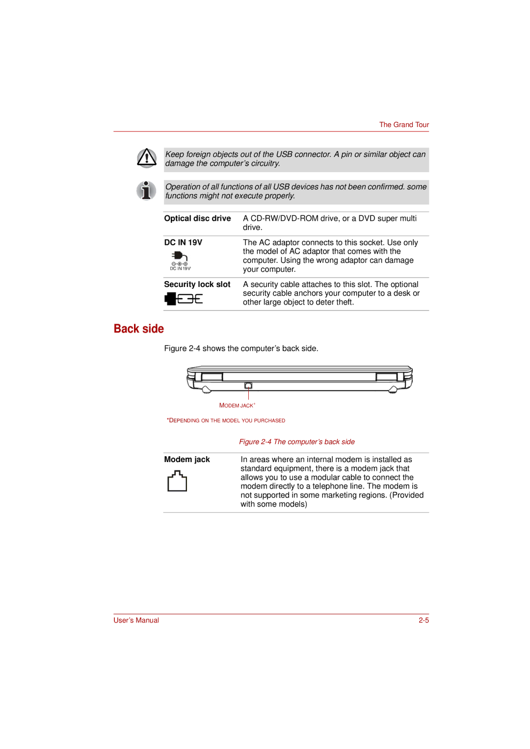 Toshiba L350 user manual Back side, Optical disc drive 