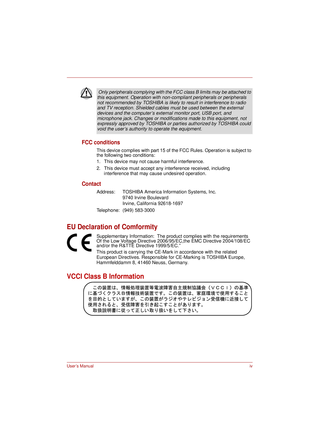 Toshiba L350 user manual EU Declaration of Comformity, FCC conditions, Contact 