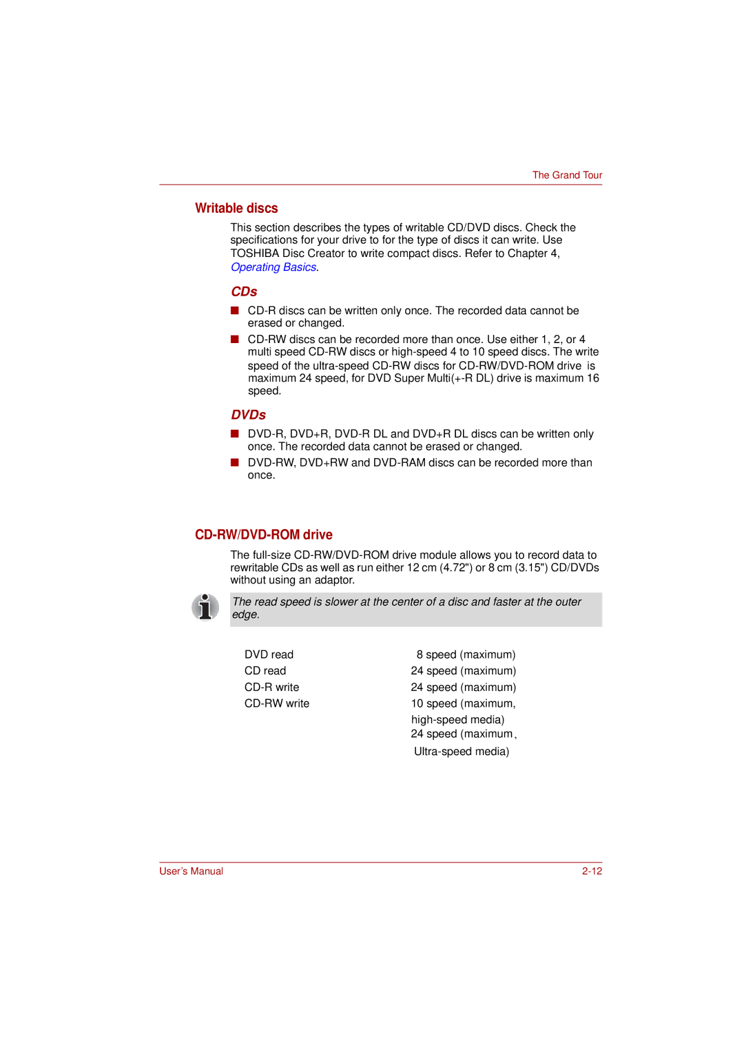 Toshiba L350 user manual Writable discs, CD-RW/DVD-ROM drive, CDs, DVDs 