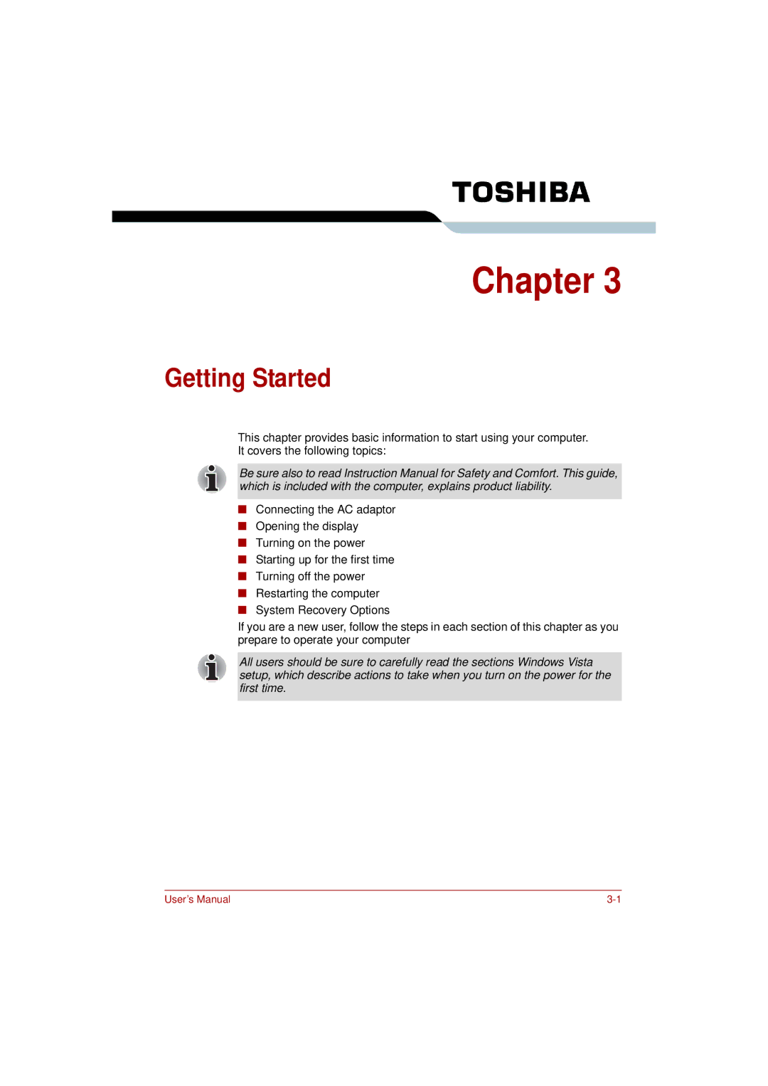 Toshiba L350 user manual Getting Started 