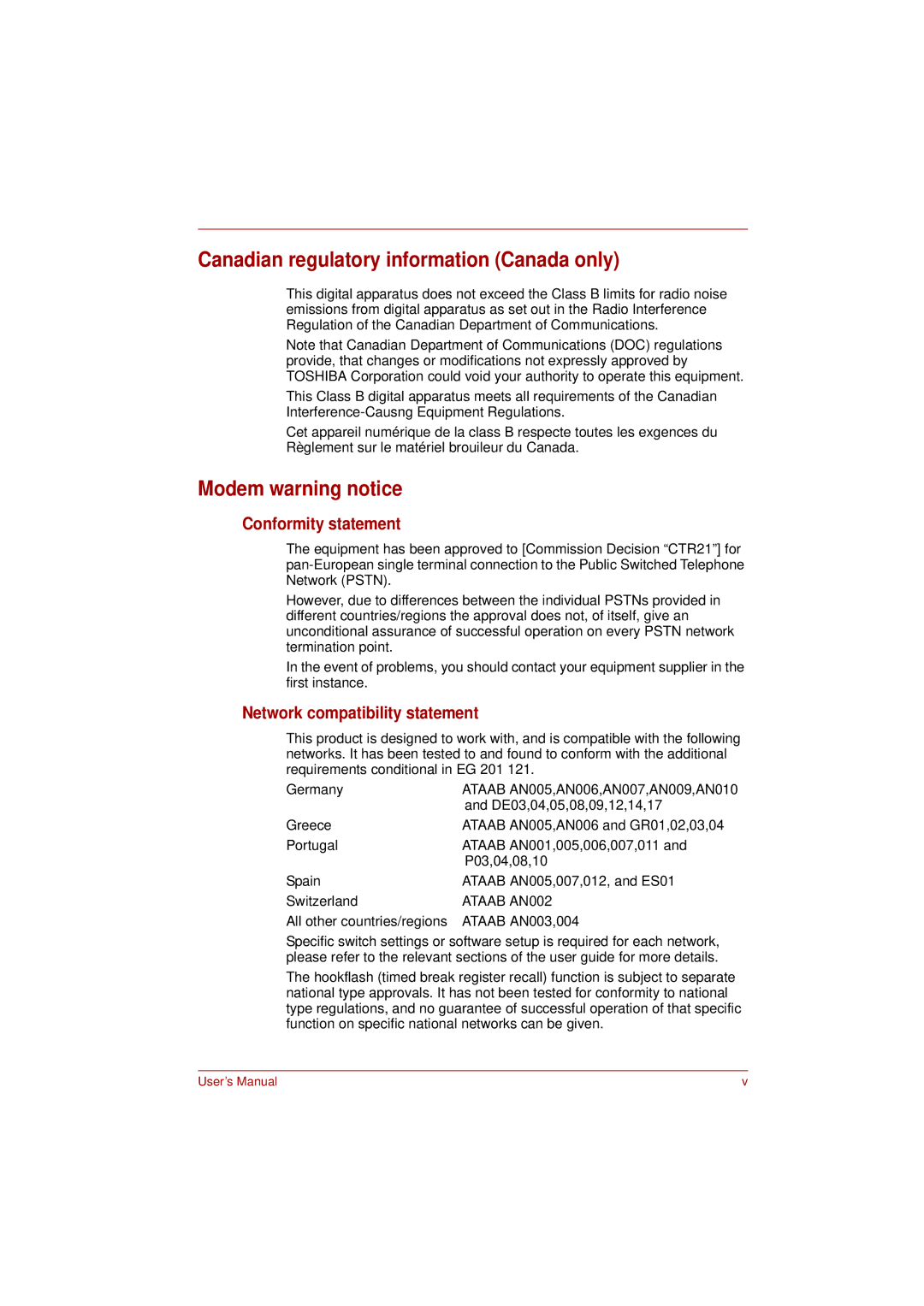 Toshiba L350 user manual Canadian regulatory information Canada only, Modem warning notice, Conformity statement 