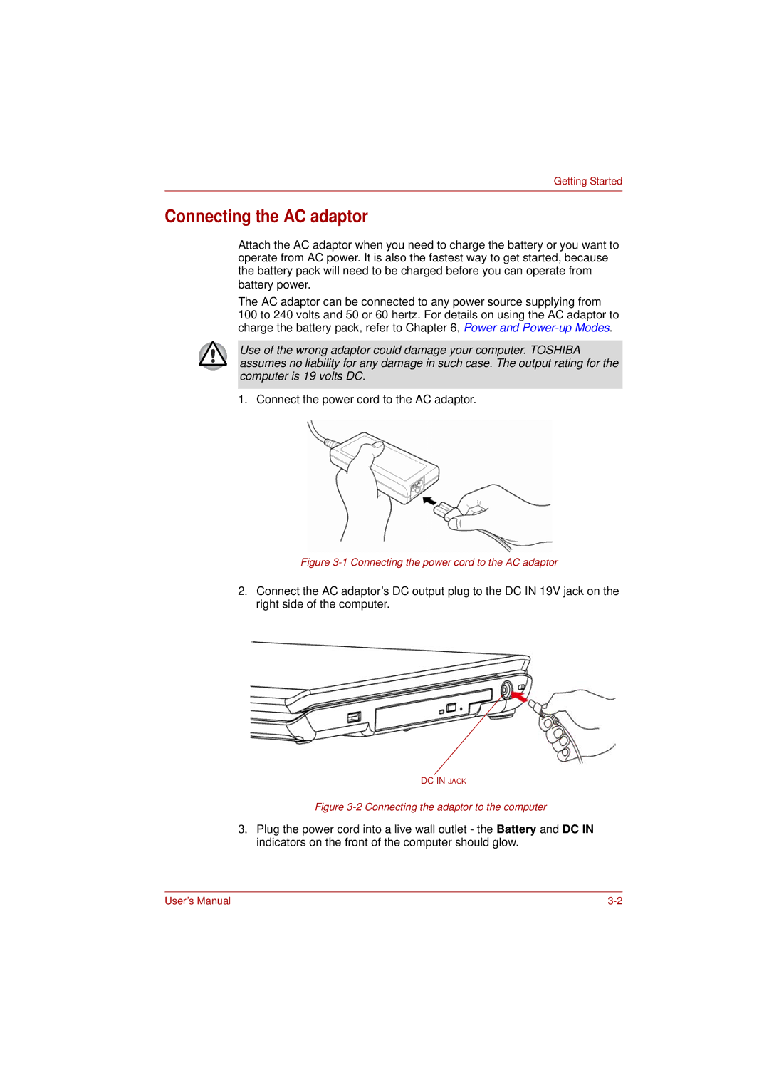 Toshiba L350 user manual Connecting the AC adaptor, Connecting the power cord to the AC adaptor 