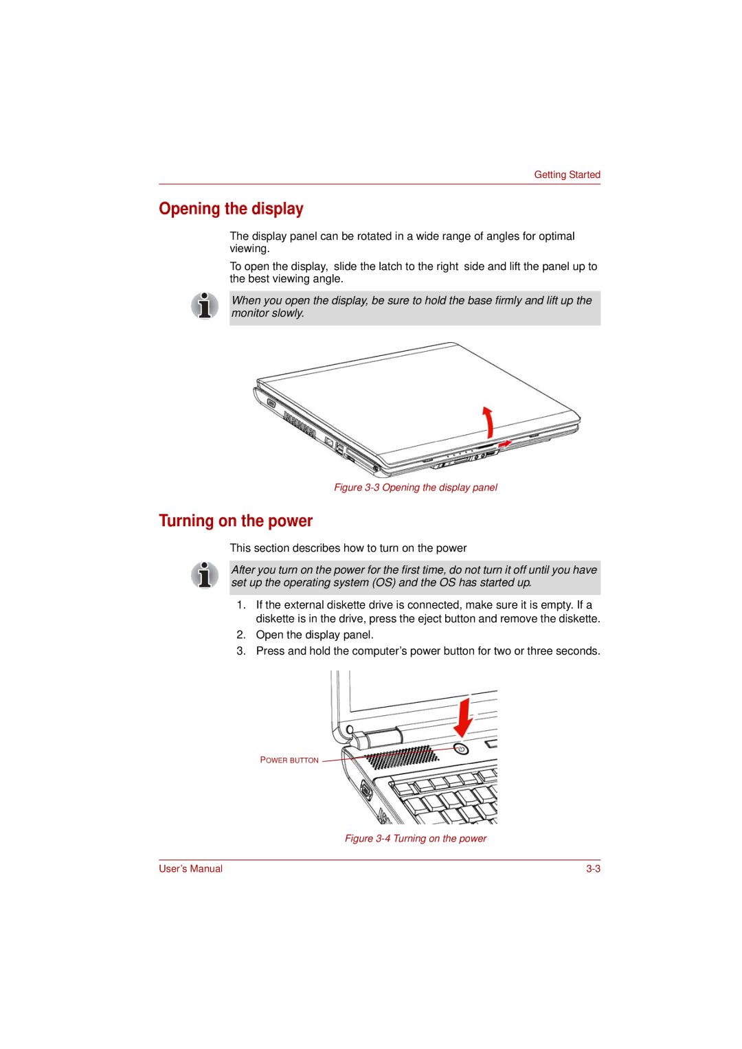 Toshiba L350 user manual Opening the display, Turning on the power 