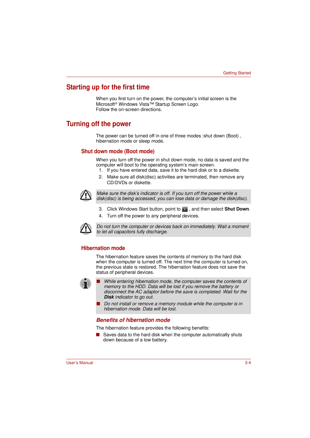 Toshiba L350 user manual Starting up for the first time, Turning off the power, Shut down mode Boot mode, Hibernation mode 