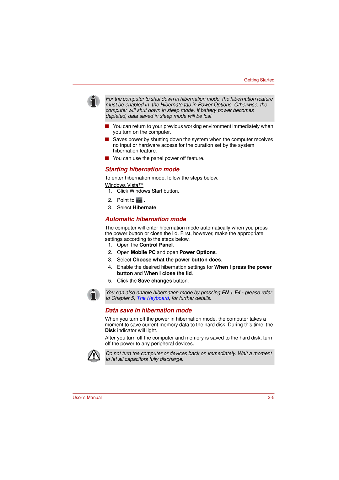 Toshiba L350 Starting hibernation mode, Automatic hibernation mode, Data save in hibernation mode, Select Hibernate 