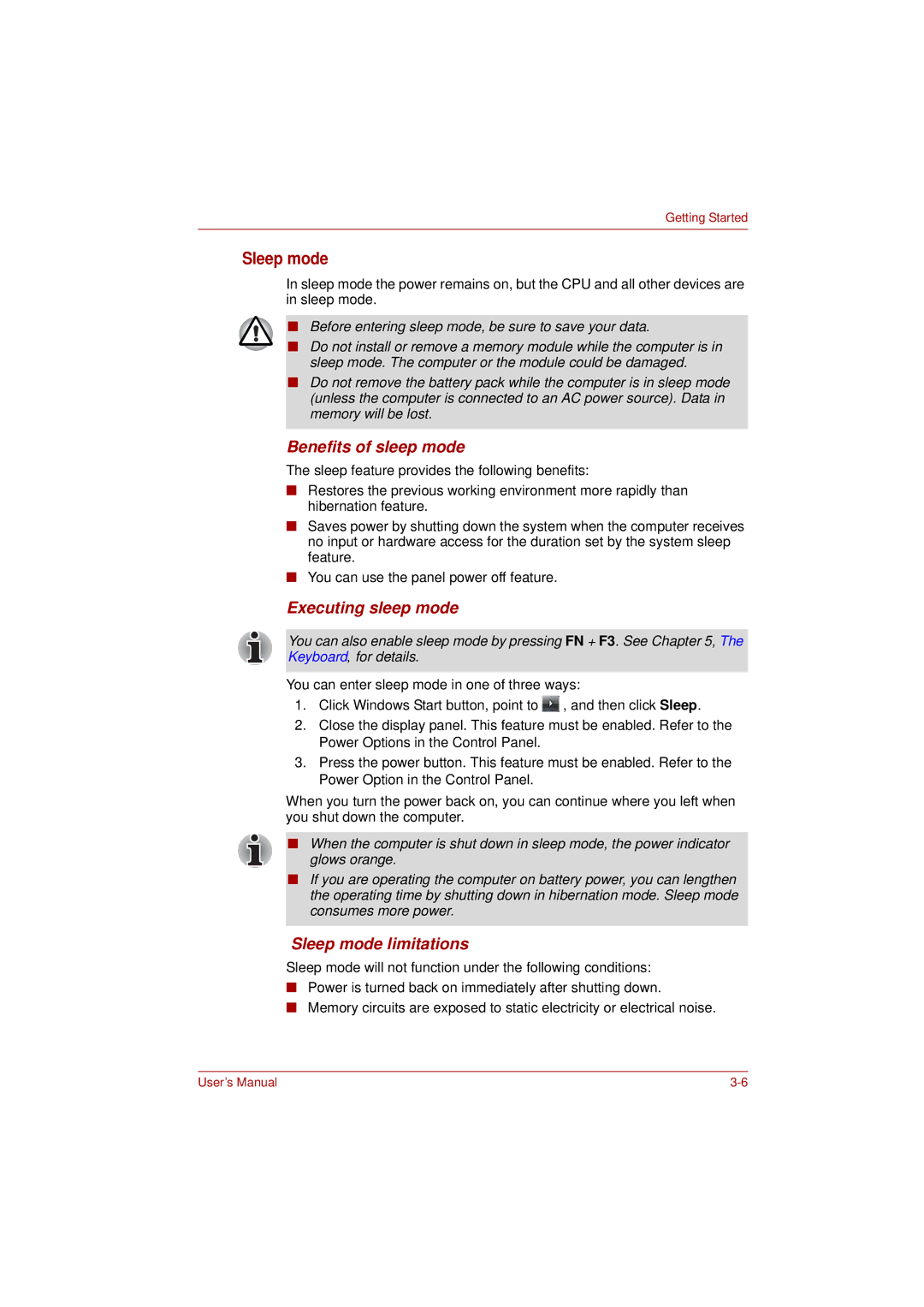 Toshiba L350 user manual Benefits of sleep mode, Executing sleep mode, Sleep mode limitations 