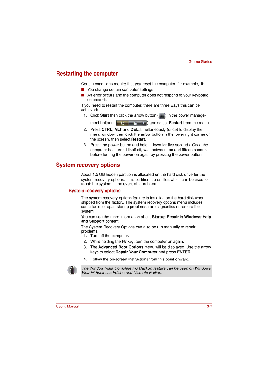 Toshiba L350 user manual Restarting the computer, System recovery options 