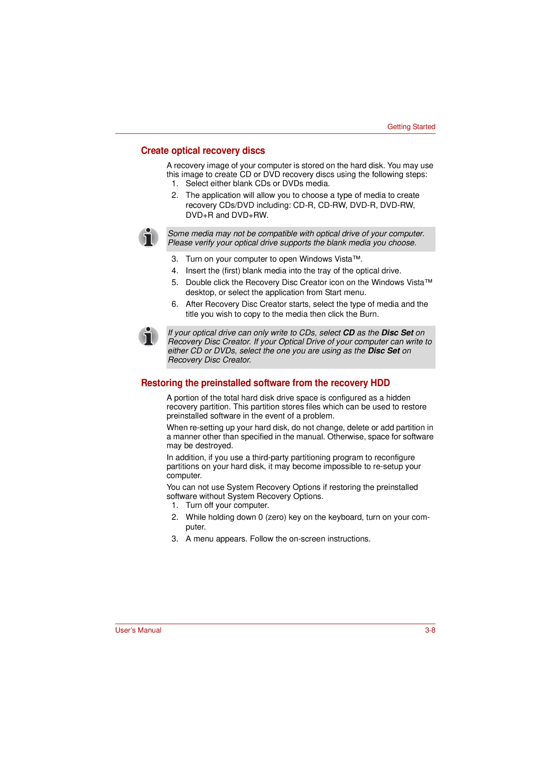 Toshiba L350 user manual Create optical recovery discs, Restoring the preinstalled software from the recovery HDD 