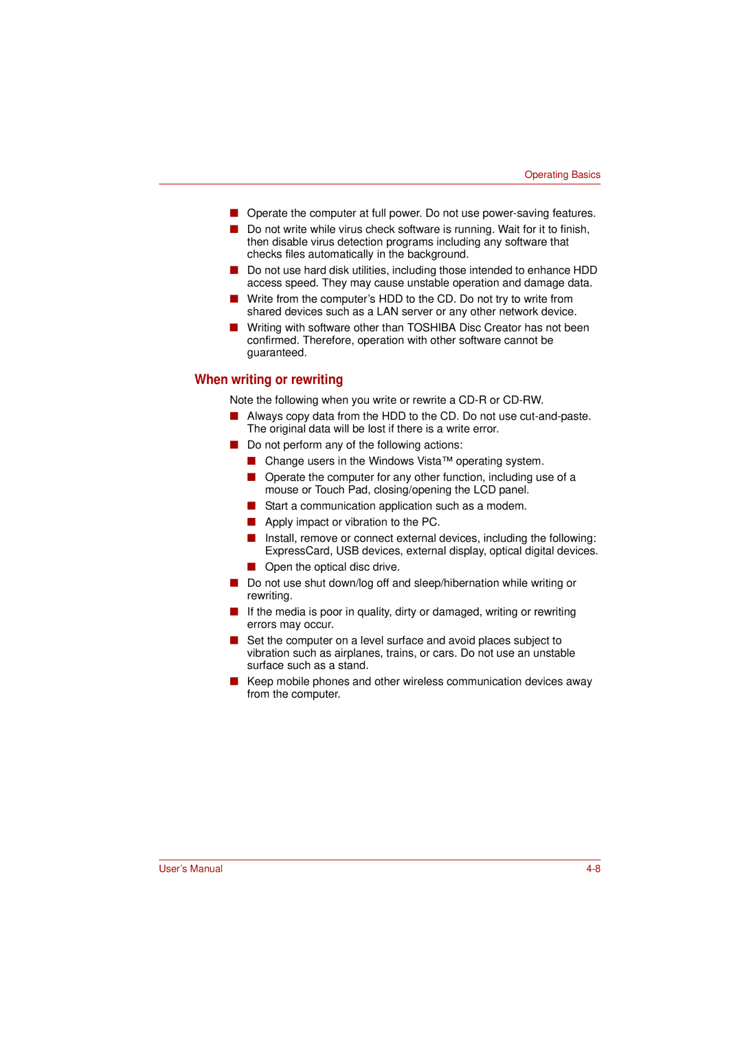 Toshiba L350 user manual When writing or rewriting 