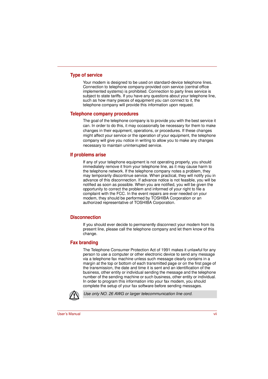 Toshiba L350 user manual Type of service, Telephone company procedures, If problems arise, Disconnection, Fax branding 