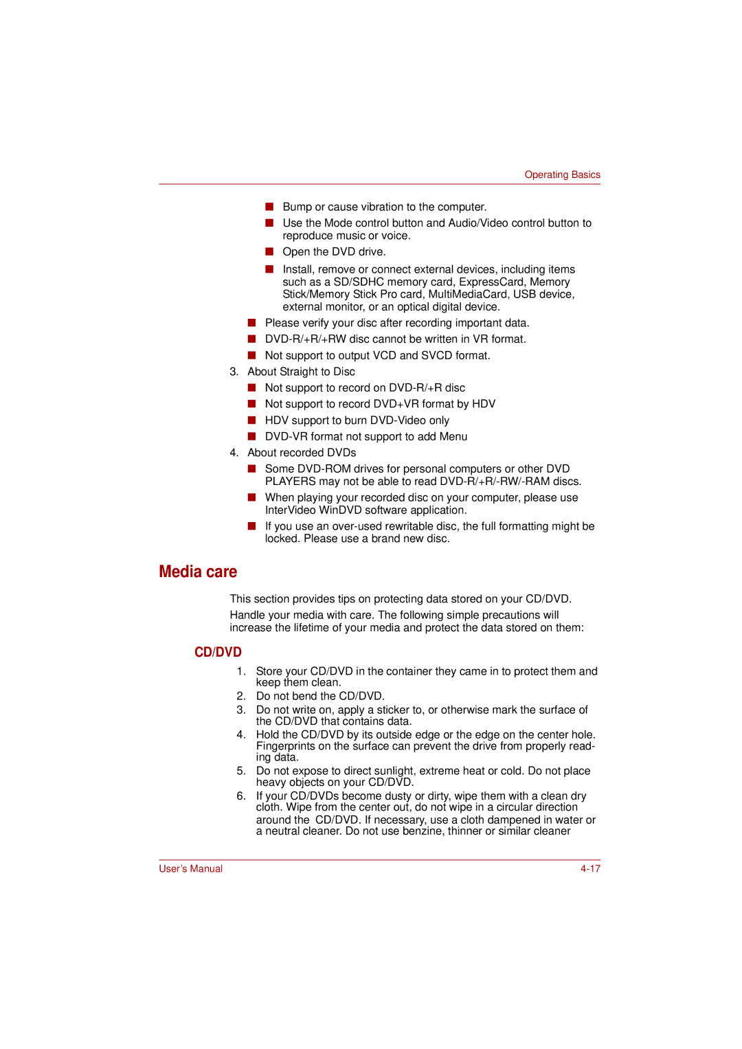 Toshiba L350 user manual Media care, Cd/Dvd 