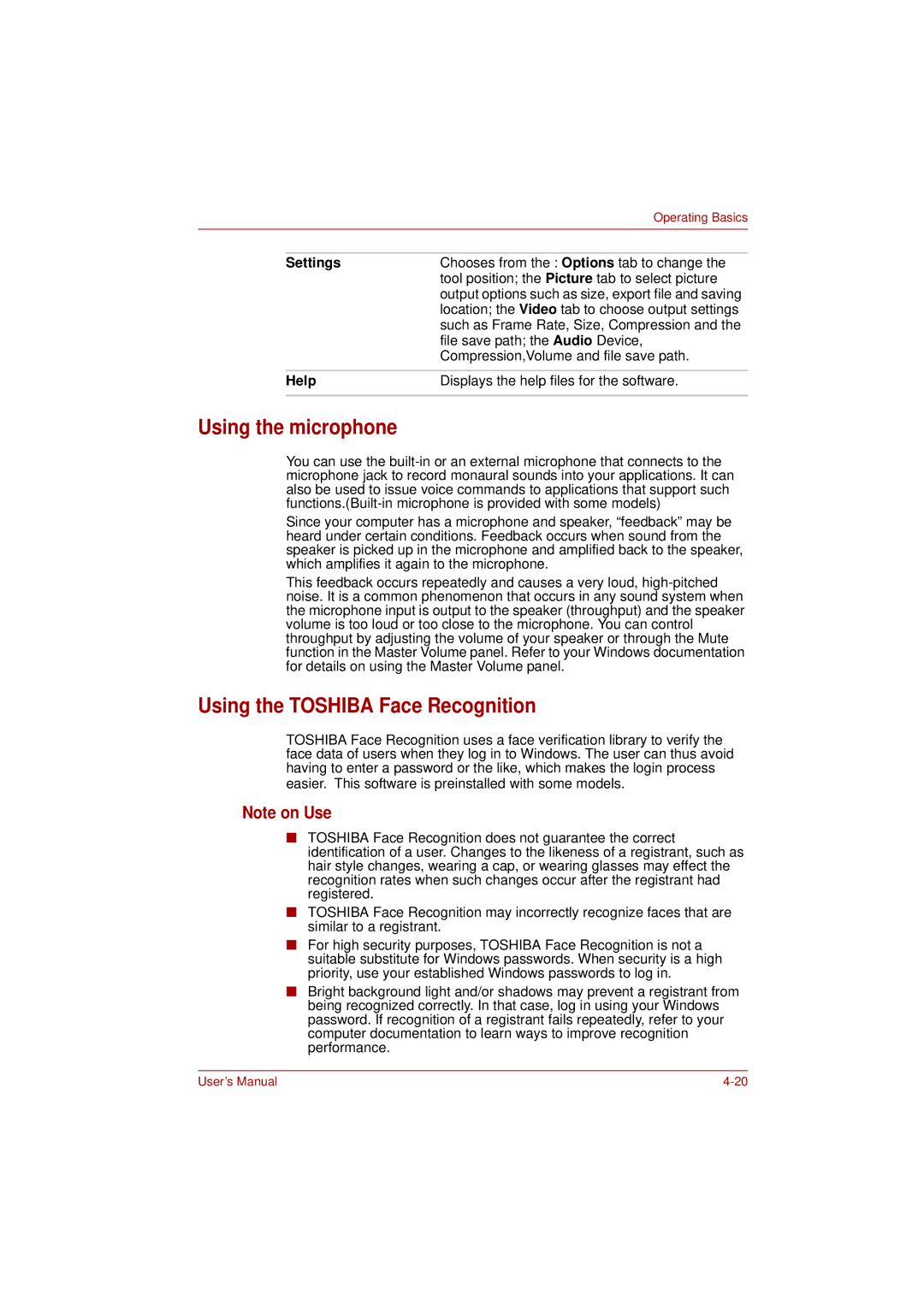 Toshiba L350 user manual Using the microphone, Using the Toshiba Face Recognition, Settings, Help 