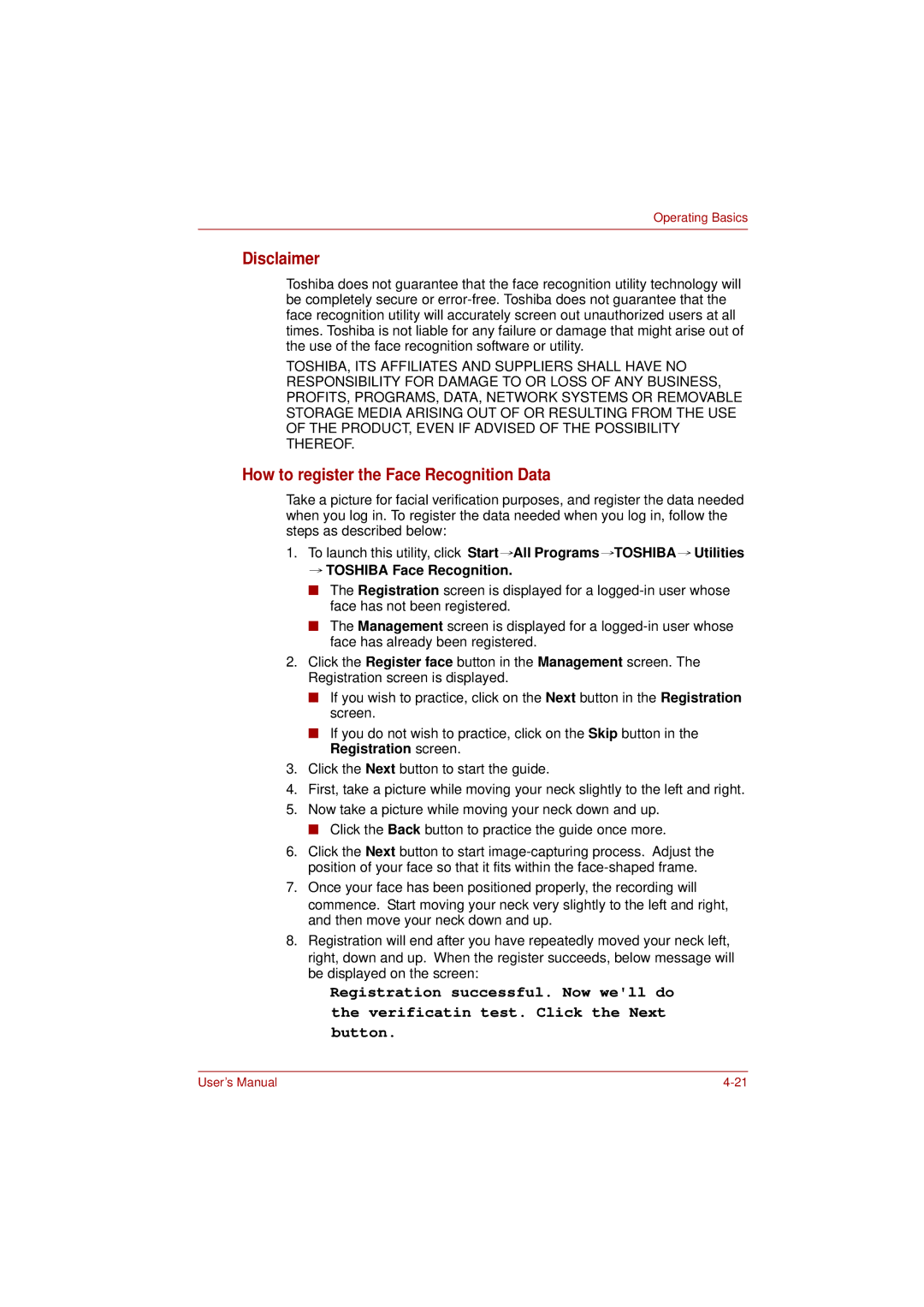 Toshiba L350 user manual Disclaimer, How to register the Face Recognition Data 