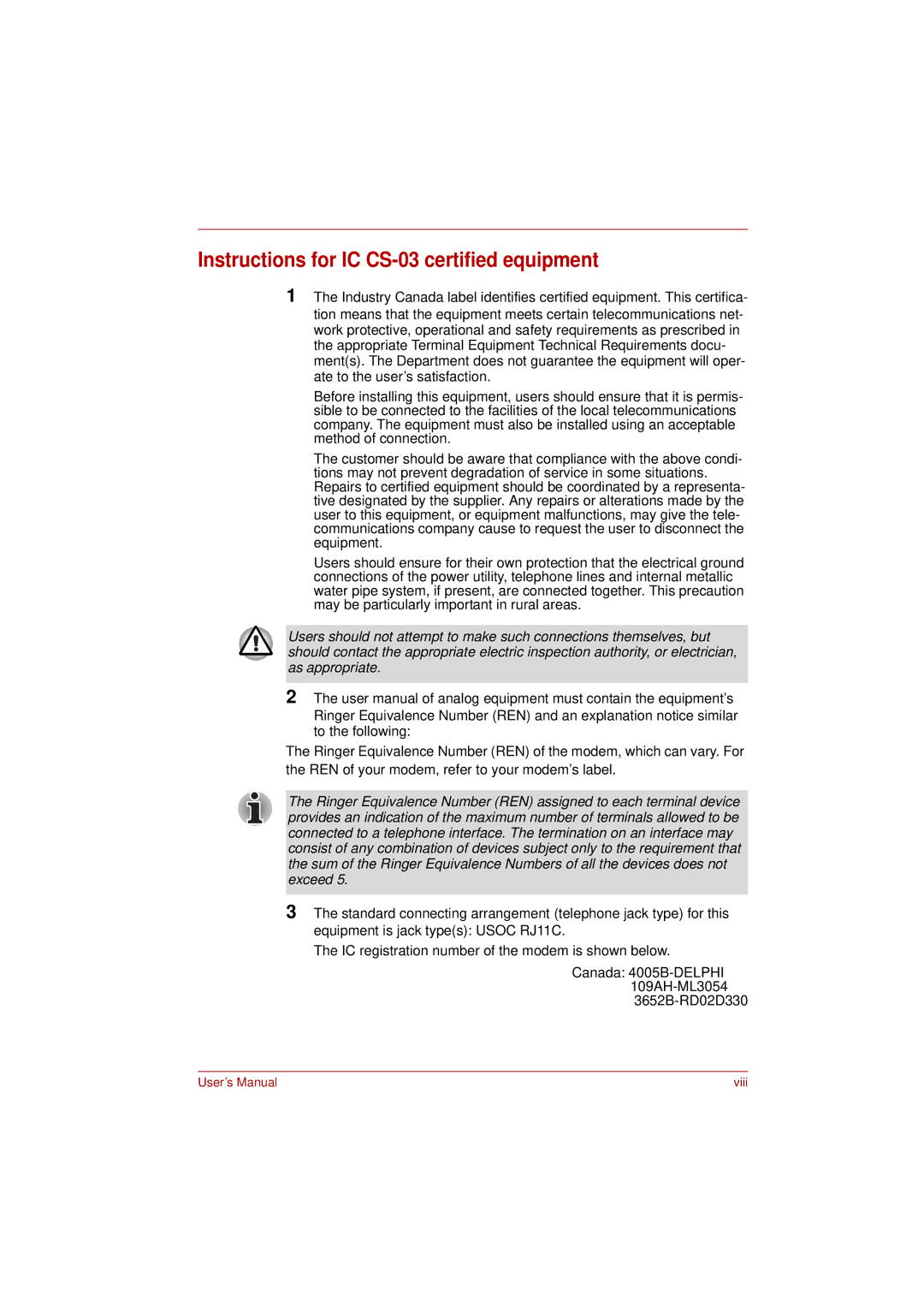 Toshiba L350 user manual Instructions for IC CS-03 certified equipment 