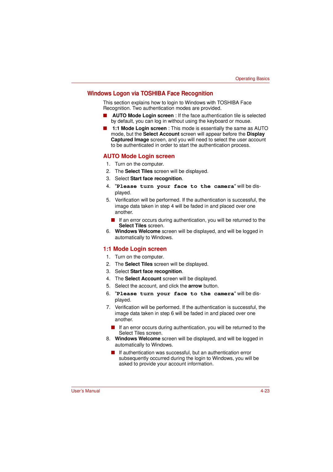 Toshiba L350 user manual Windows Logon via Toshiba Face Recognition, Select Start face recognition 