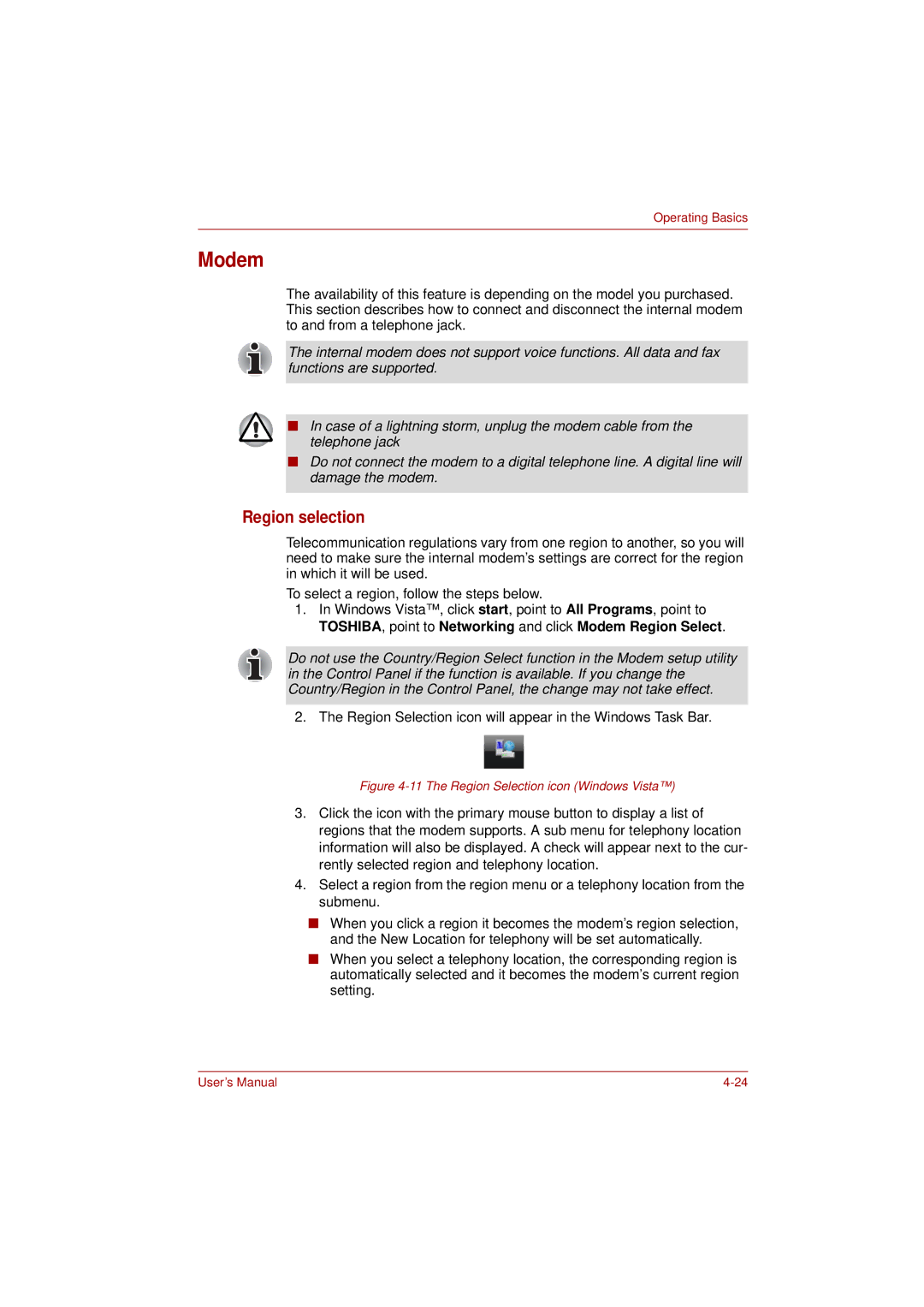 Toshiba L350 user manual Modem, The Region Selection icon Windows Vista 