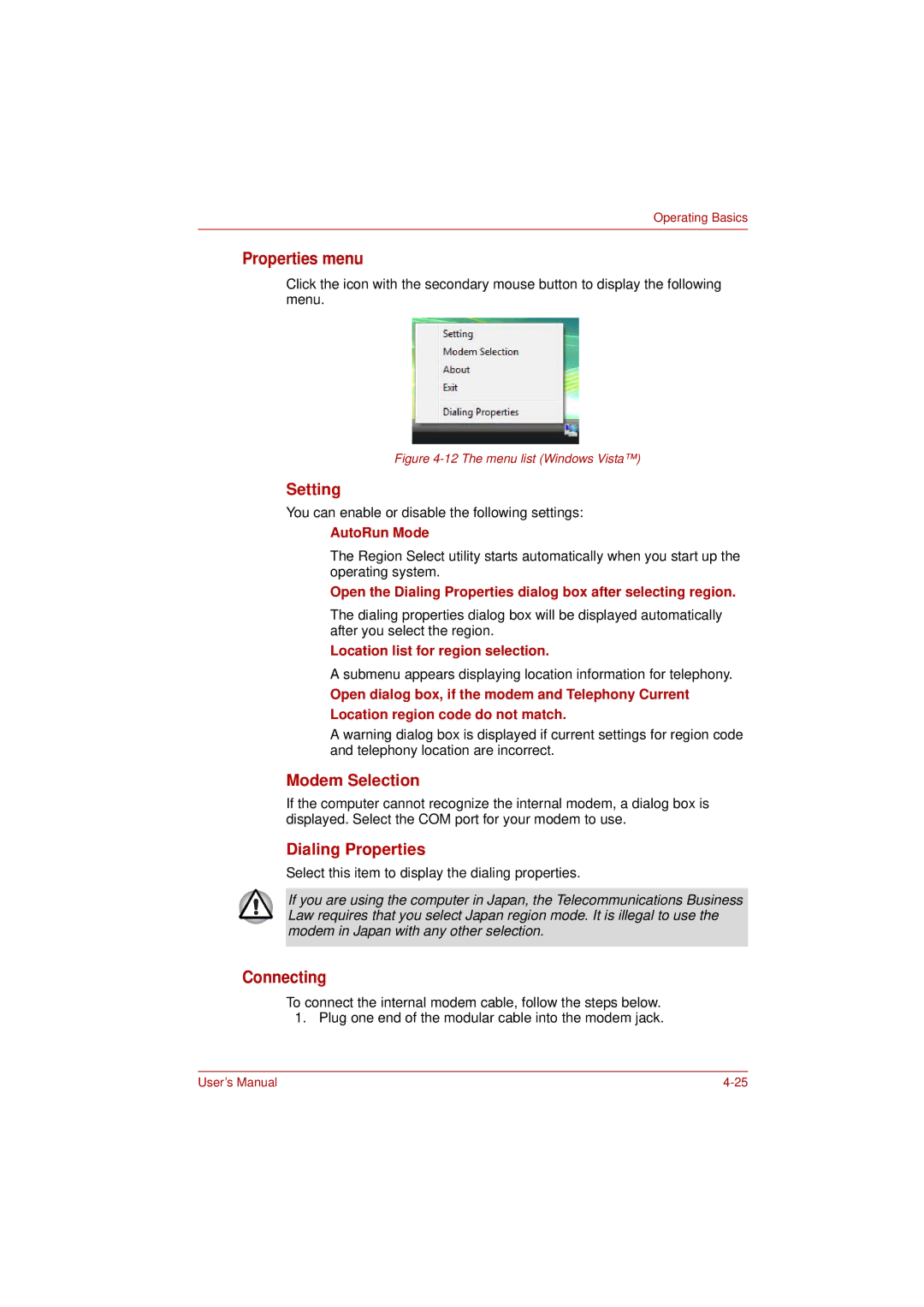 Toshiba L350 user manual Properties menu, Connecting 