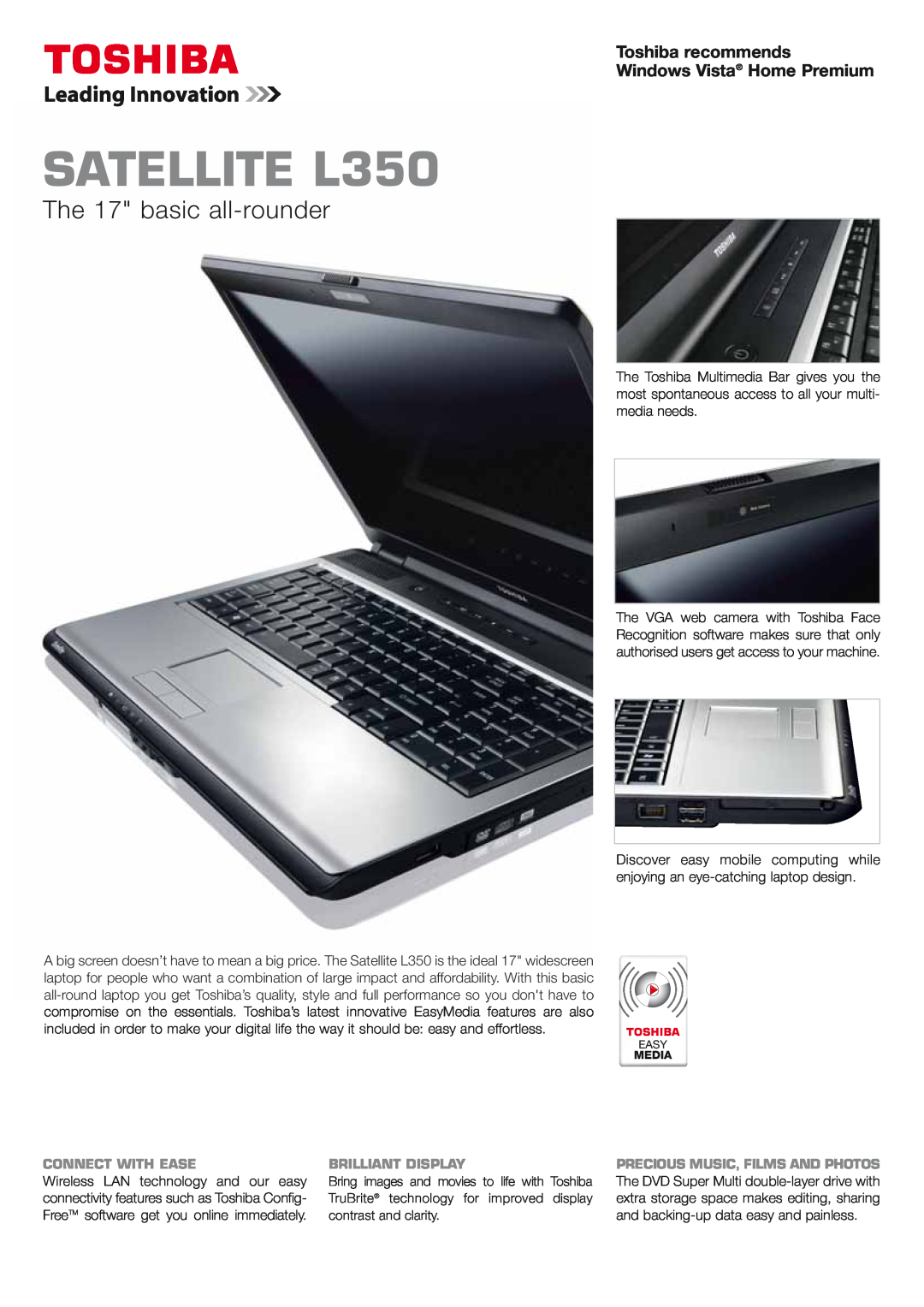 Toshiba manual Toshiba recommends Windows Vista Home Premium, Wireless LAN technology and our easy, SATELLITE L350 