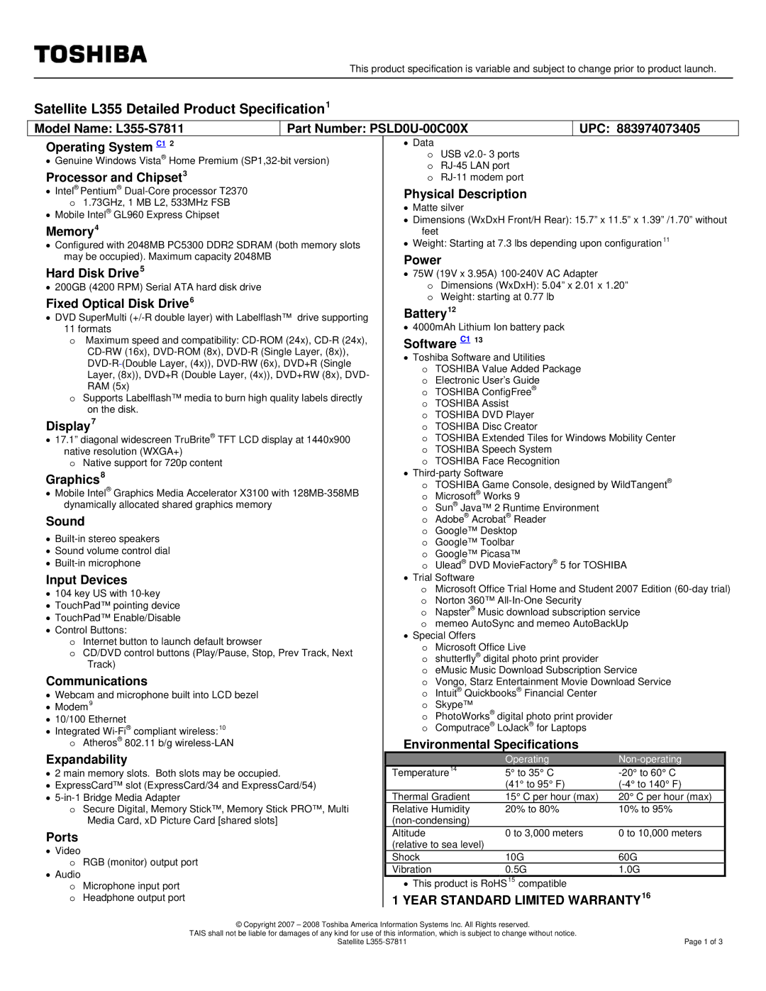 Toshiba L355-S7811 specifications Processor and Chipset3, Physical Description, Memory4, Power Hard Disk Drive5, Battery12 