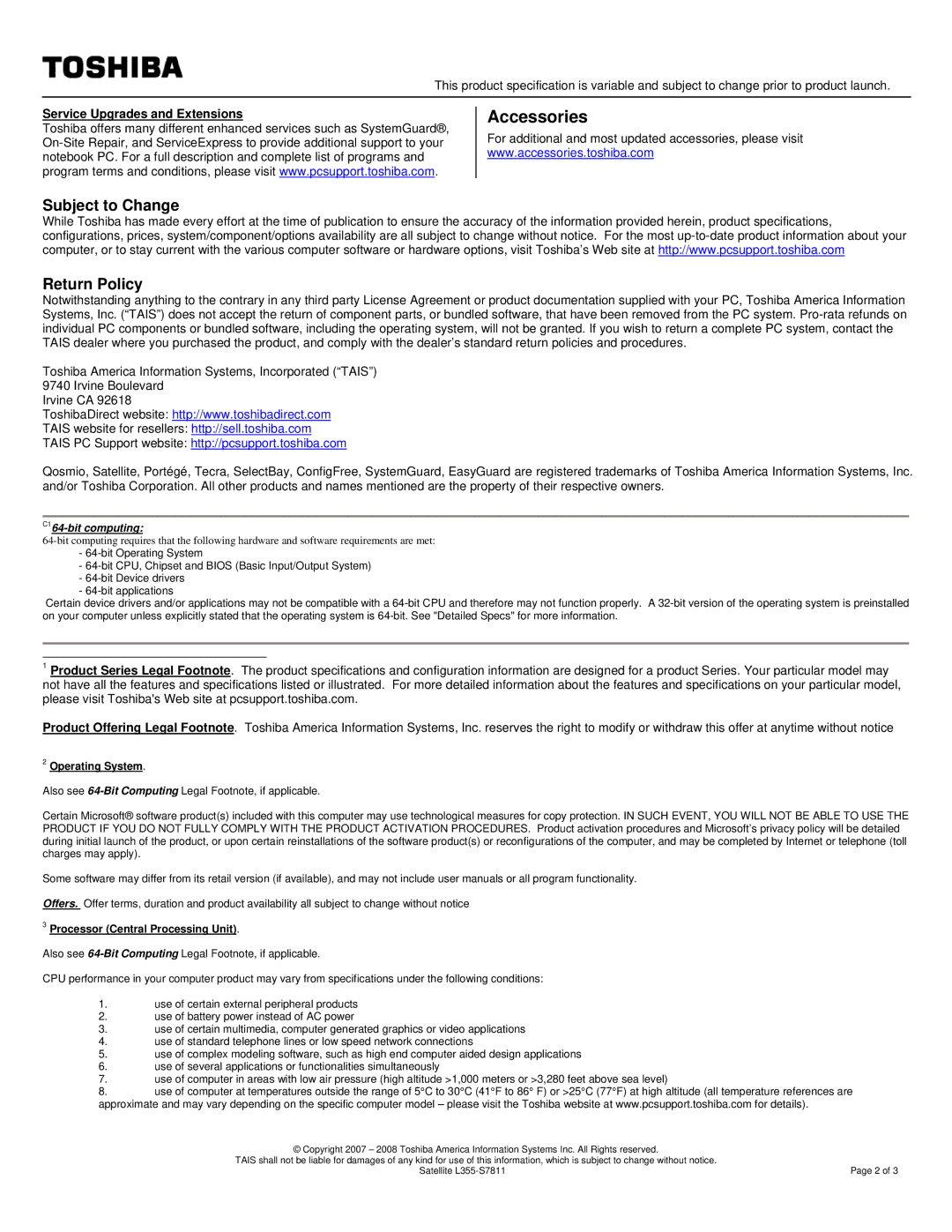 Toshiba L355-S7811 specifications Subject to Change Return Policy, Operating System, Processor Central Processing Unit 