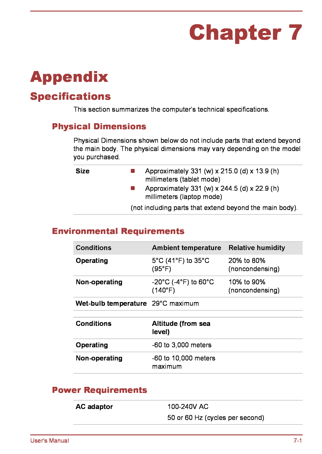 Toshiba L30W-B Appendix, Specifications, Physical Dimensions, Environmental Requirements, Power Requirements, Chapter 